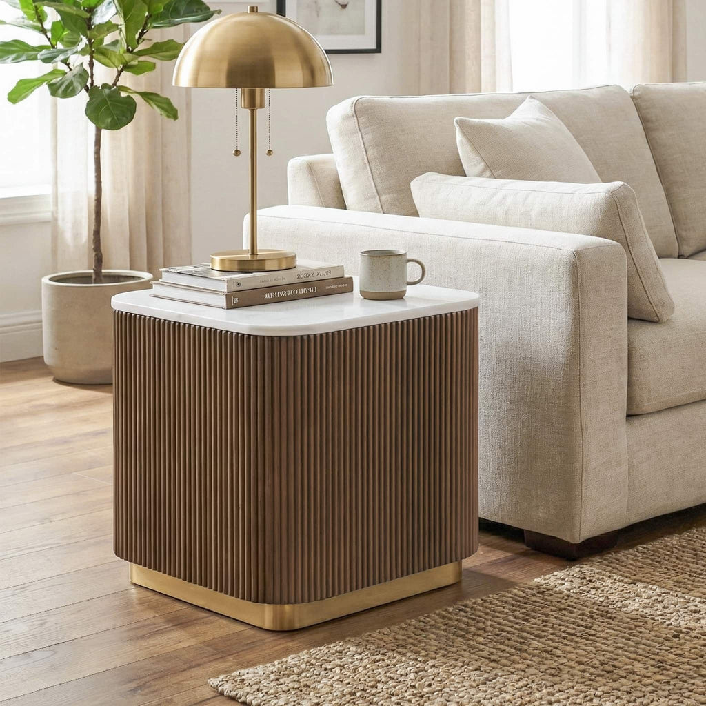 3 Piece Table Set (Rectangle Cocktail Table And Two Square End Tables) - Brown / Gold / White