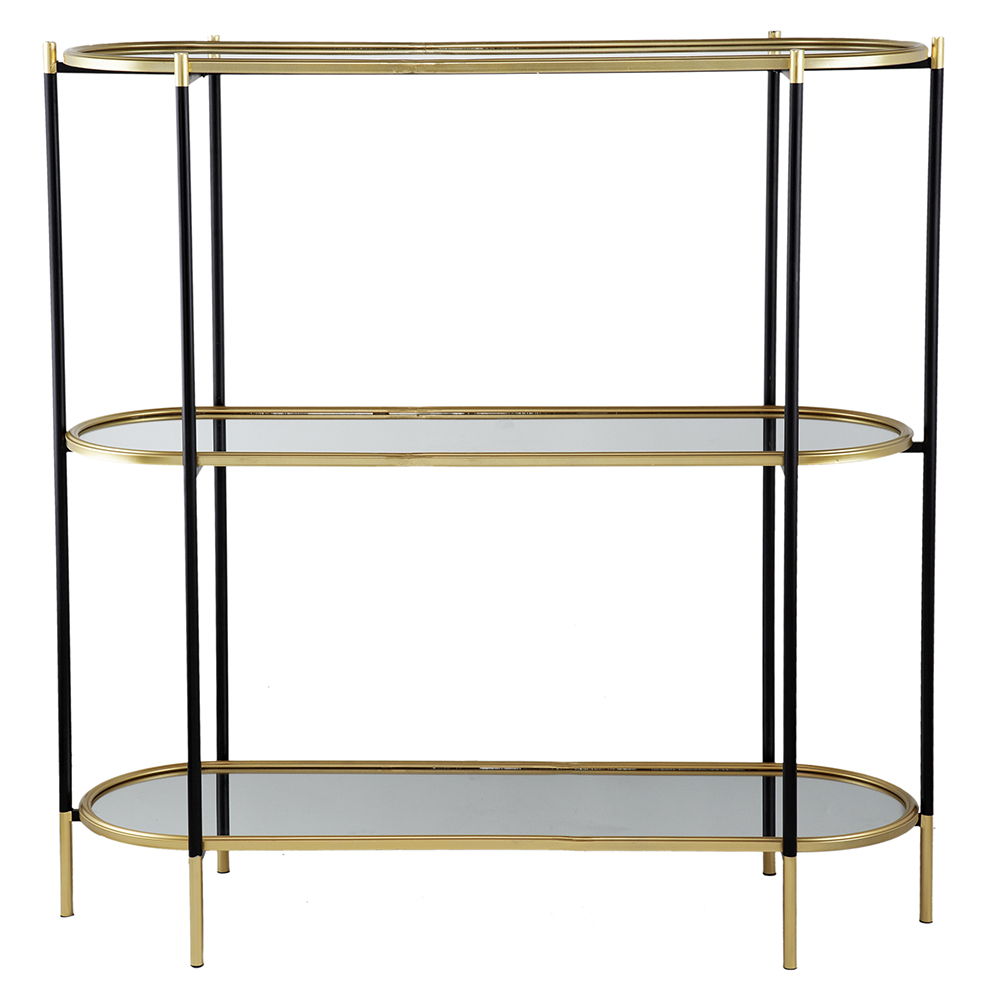 3 Tier Metal Console Table, Mirrored Shelf - Golden Black