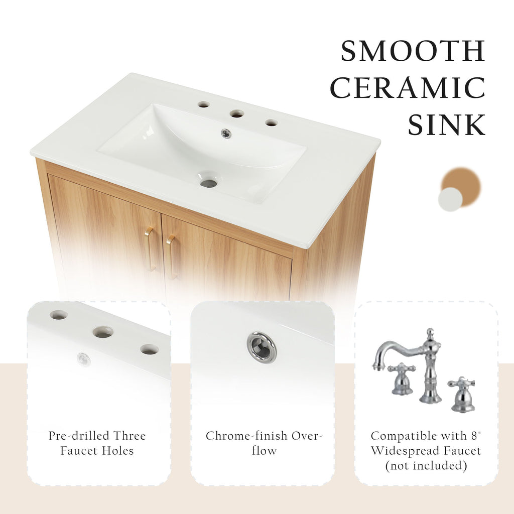 30" Bathroom Vanity With Sink, Cabinet With Doors And Drawer, Rectangular Shape - Natural