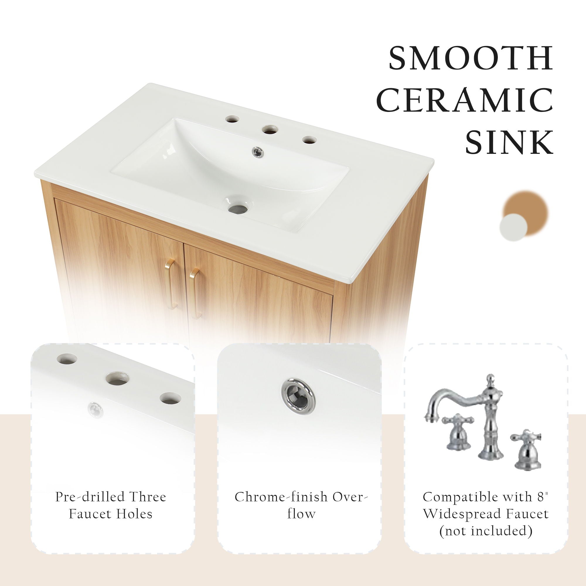 30" Bathroom Vanity With Sink, Cabinet With Doors And Drawer, Rectangular Shape - Natural