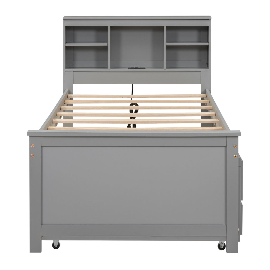 Platform Bed With Storage Headboard, USB, Trundle And 3 Drawers