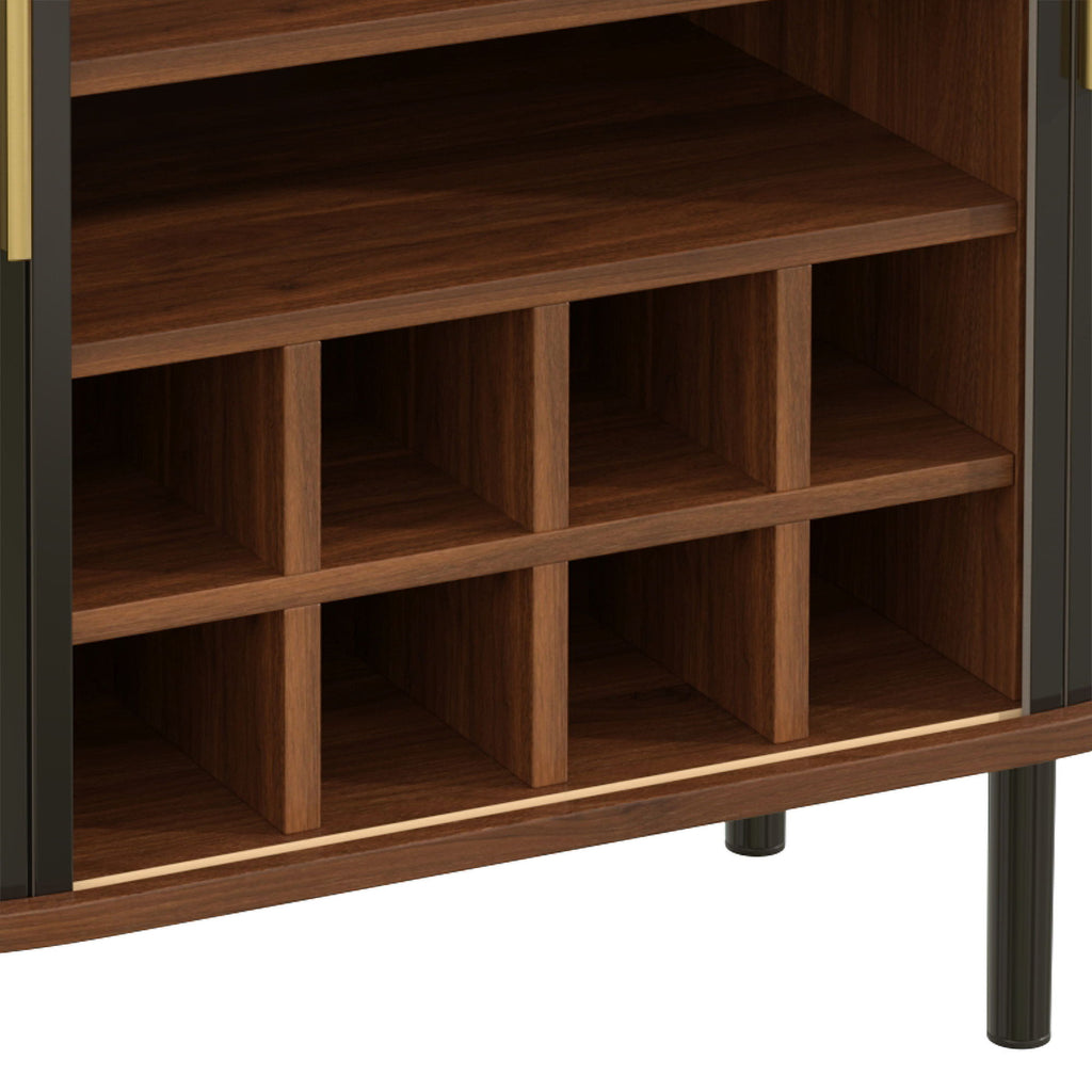 Fluted Wine Bar Cabinet With 8 Grid Wine Rack, 5 Level Adjustable Shelves, 2 Glass Holders
