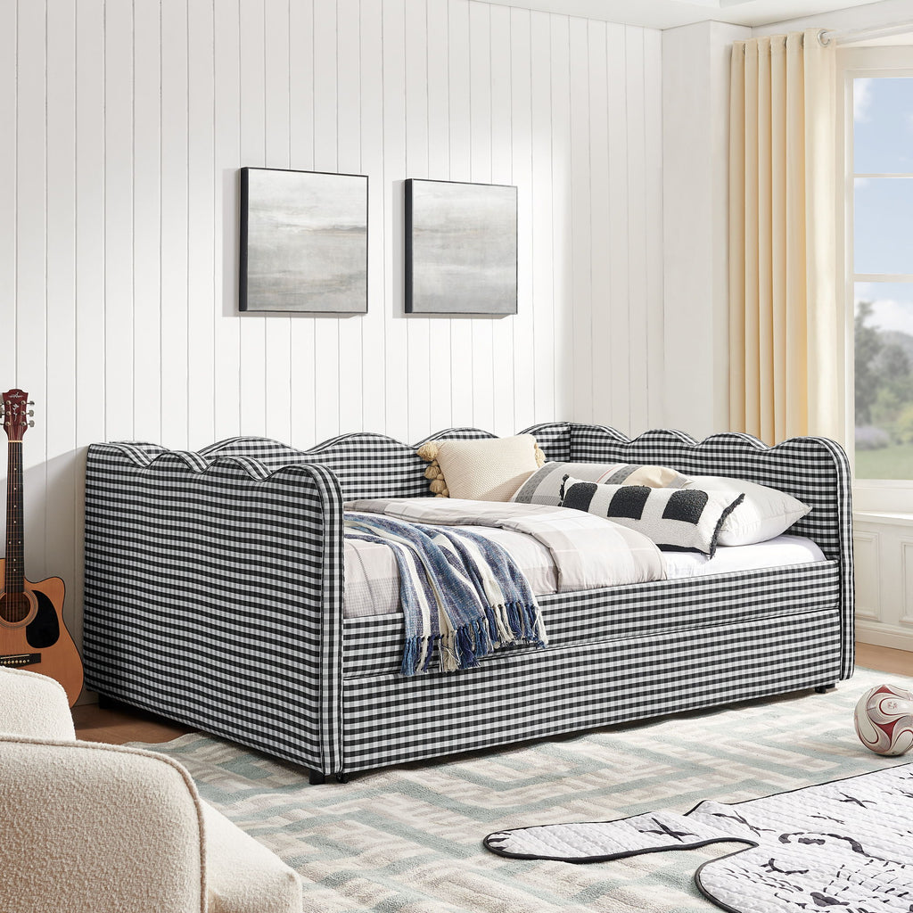 Gingham Daybed With USB Charging Port, Wave-Shaped Design