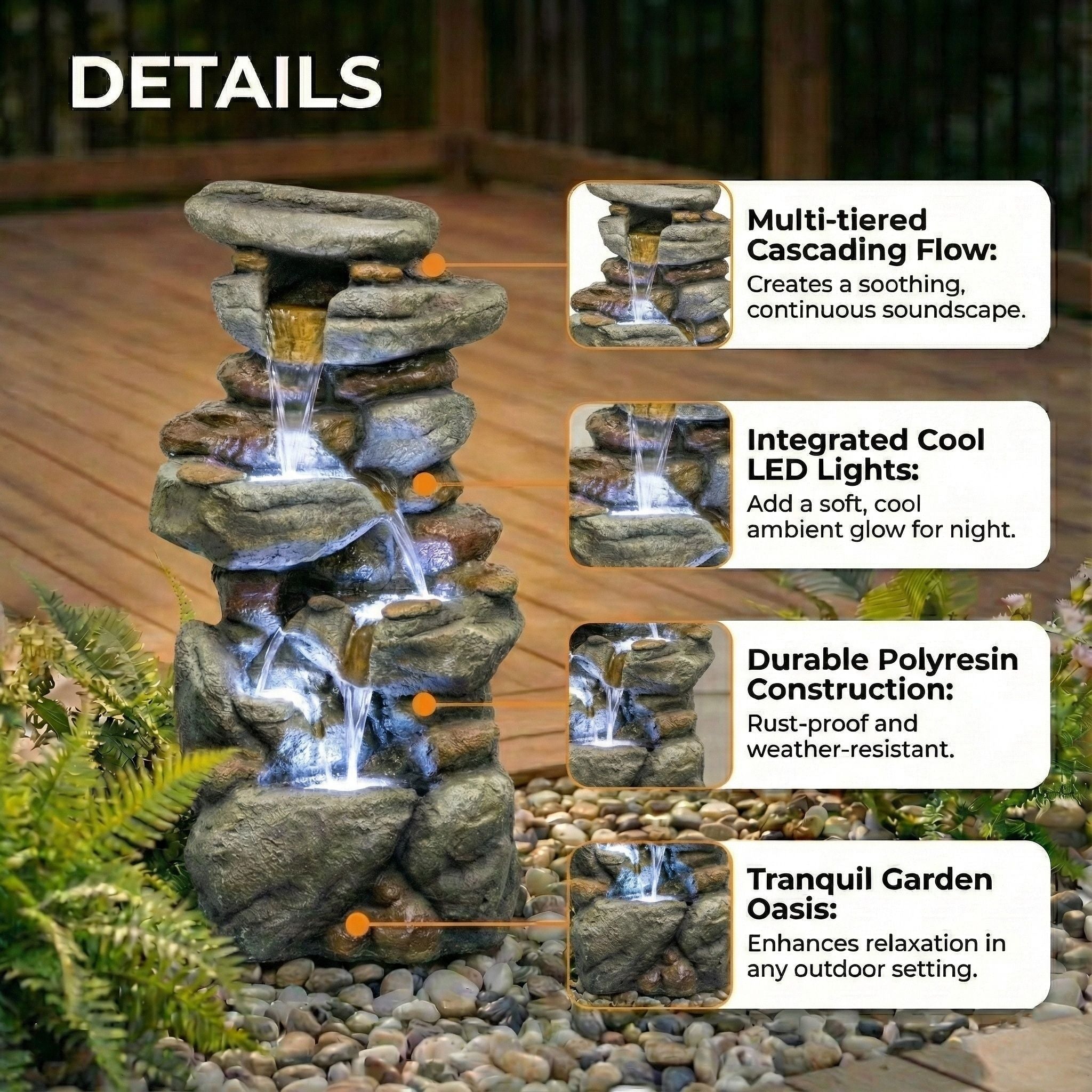 Stacked Rock Waterfall Fountain With LED Lights For Garden - Gray