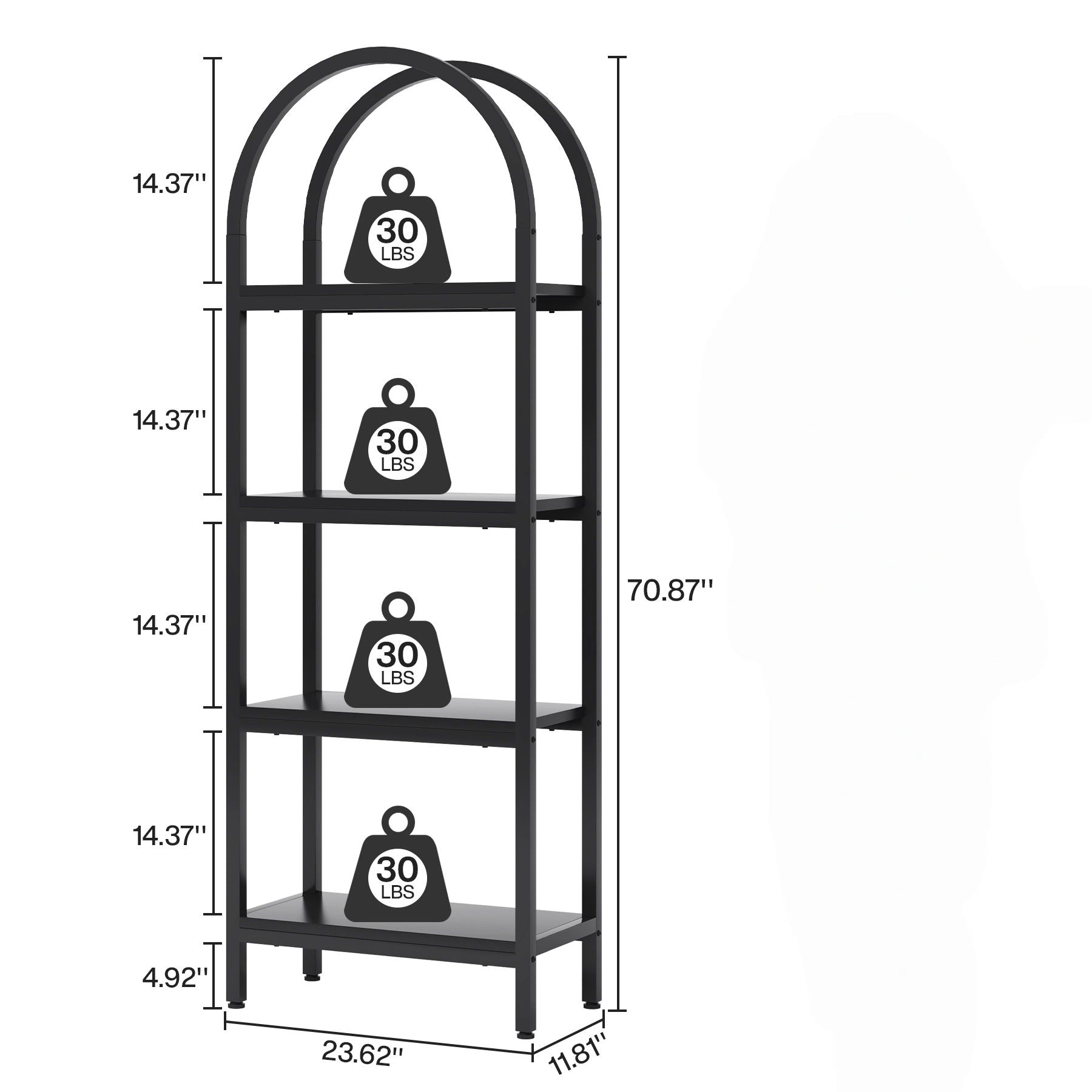 Industrial 4 Tier Open Bookshelf With Curved Top