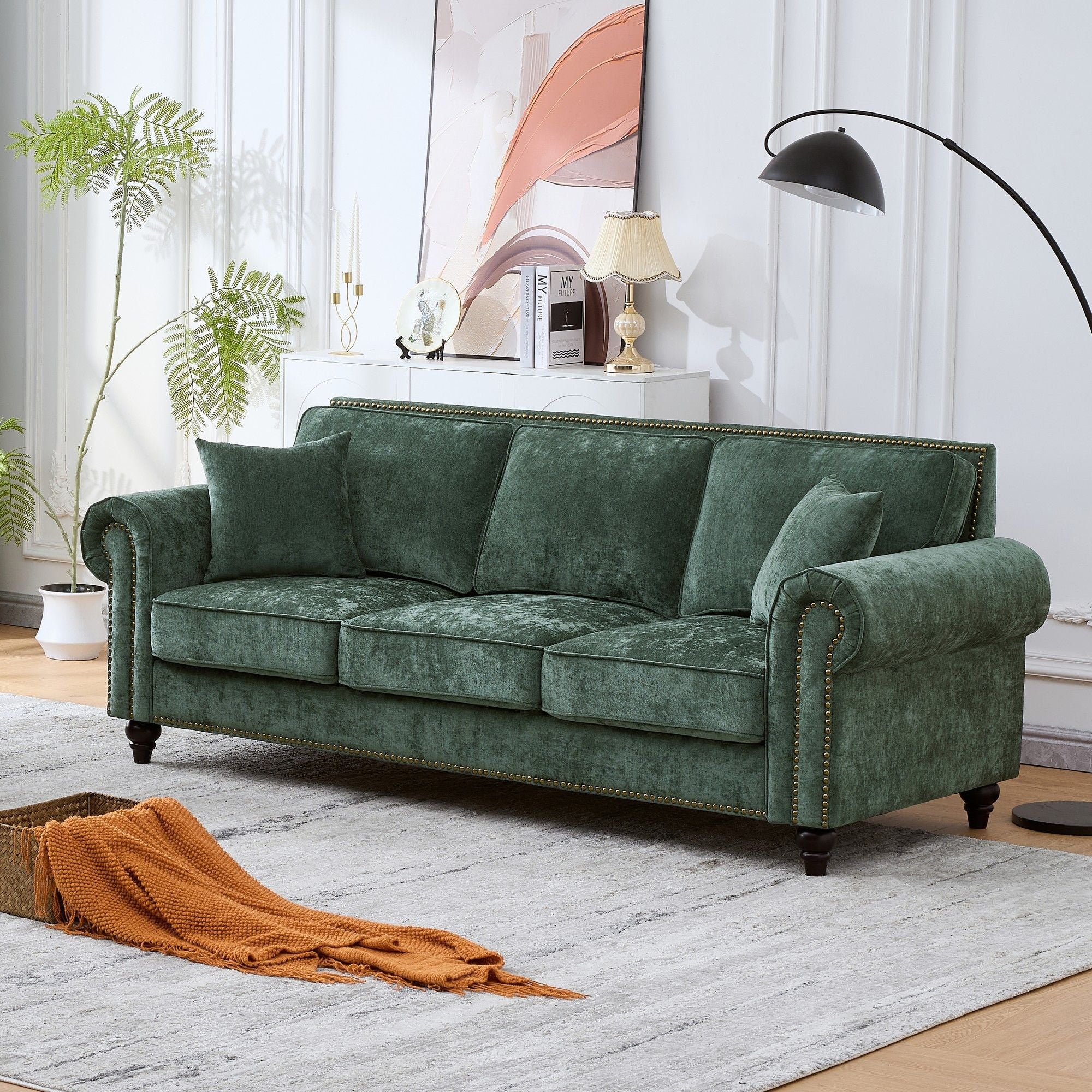 3 Seater Sofa With Tufted Upholstery, Rolled Arms, Nailhead Trim