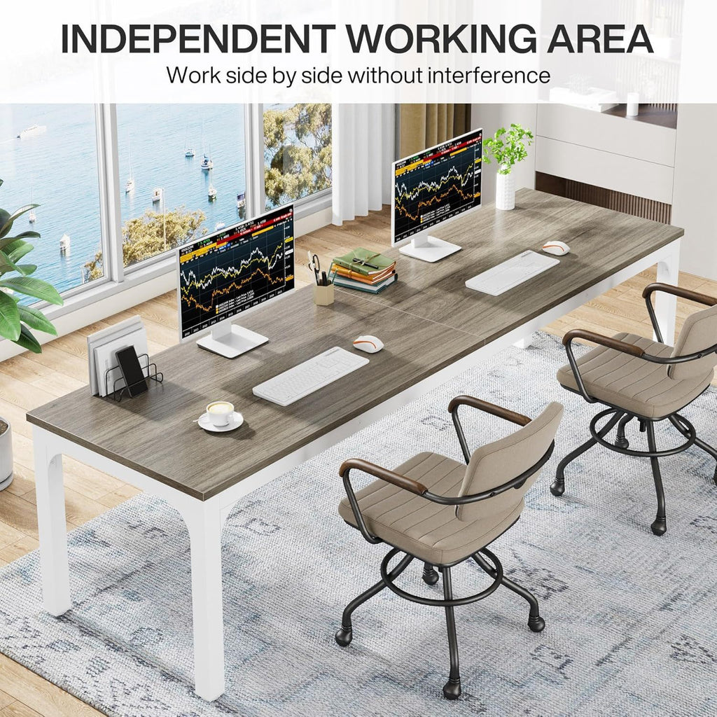 Extra Long 2 Person Computer Desk With, Collaborative Workstation For Home Office - White / Oak