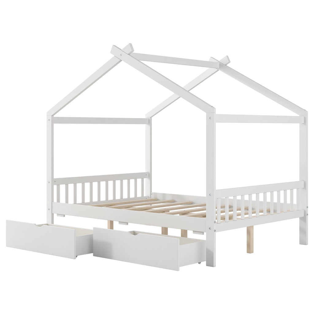 House Style Platform Bed With Headboard, Footboard, 2 Drawers, And Roof Design