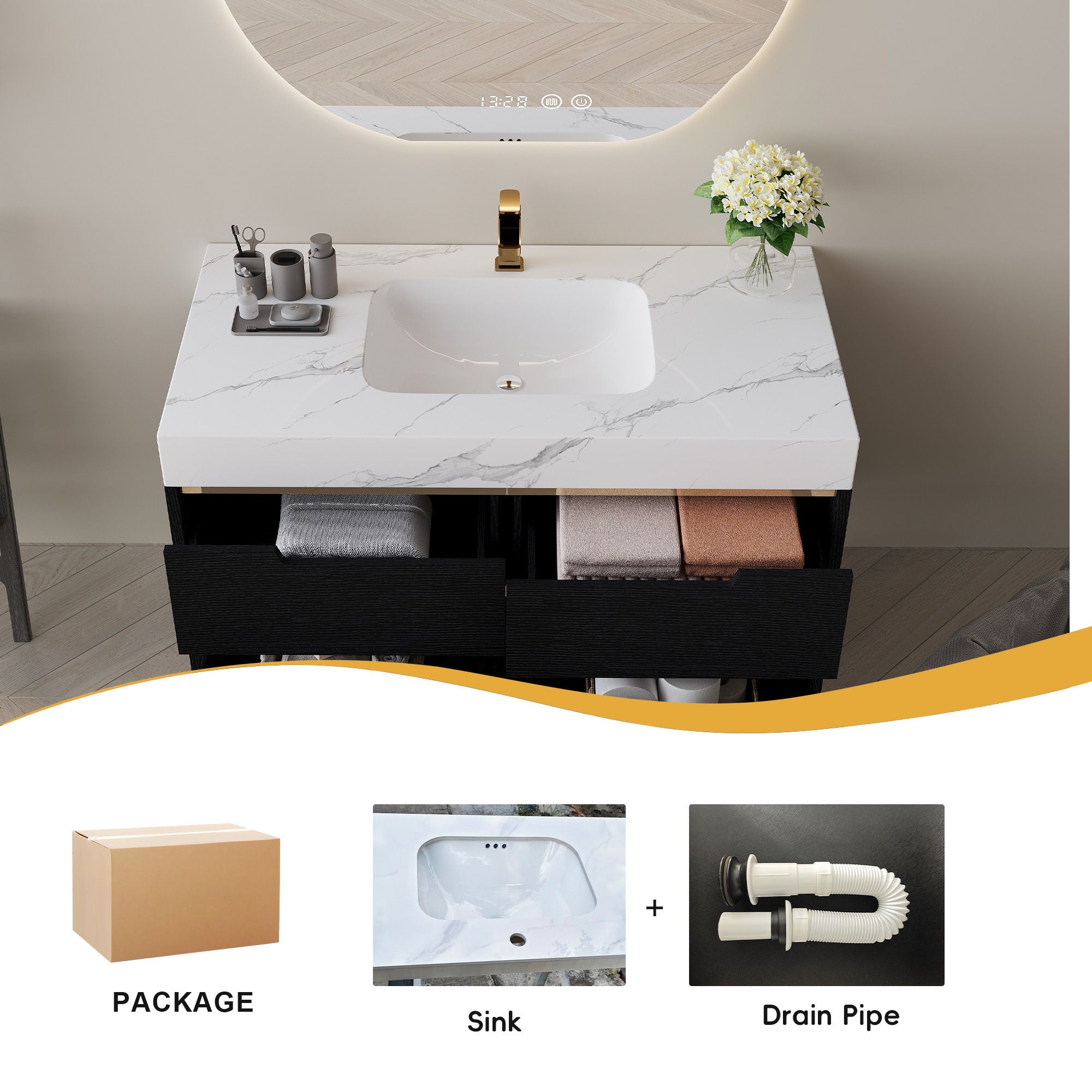Bathroom Vanity With Undermount Sink, 4 Drawers Storage, Free Standing / Wall Mounted - Black / White
