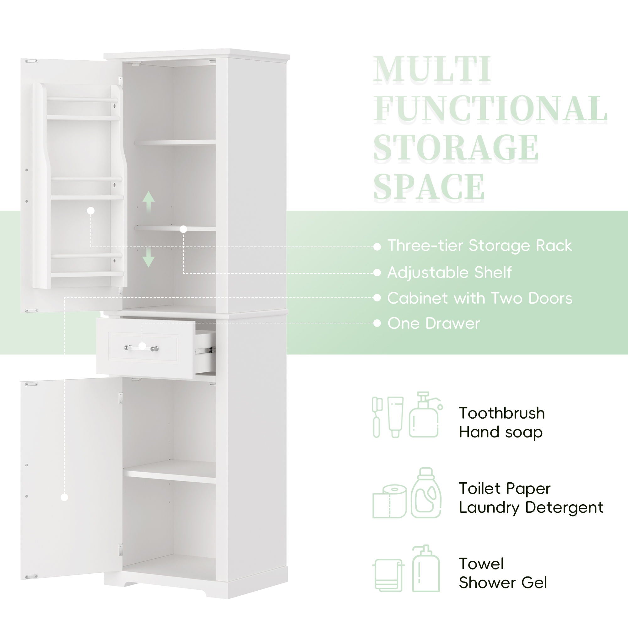 Tall Freestanding Bathroom Storage Cabinet With Adjustable Shelf, 2 Door Design