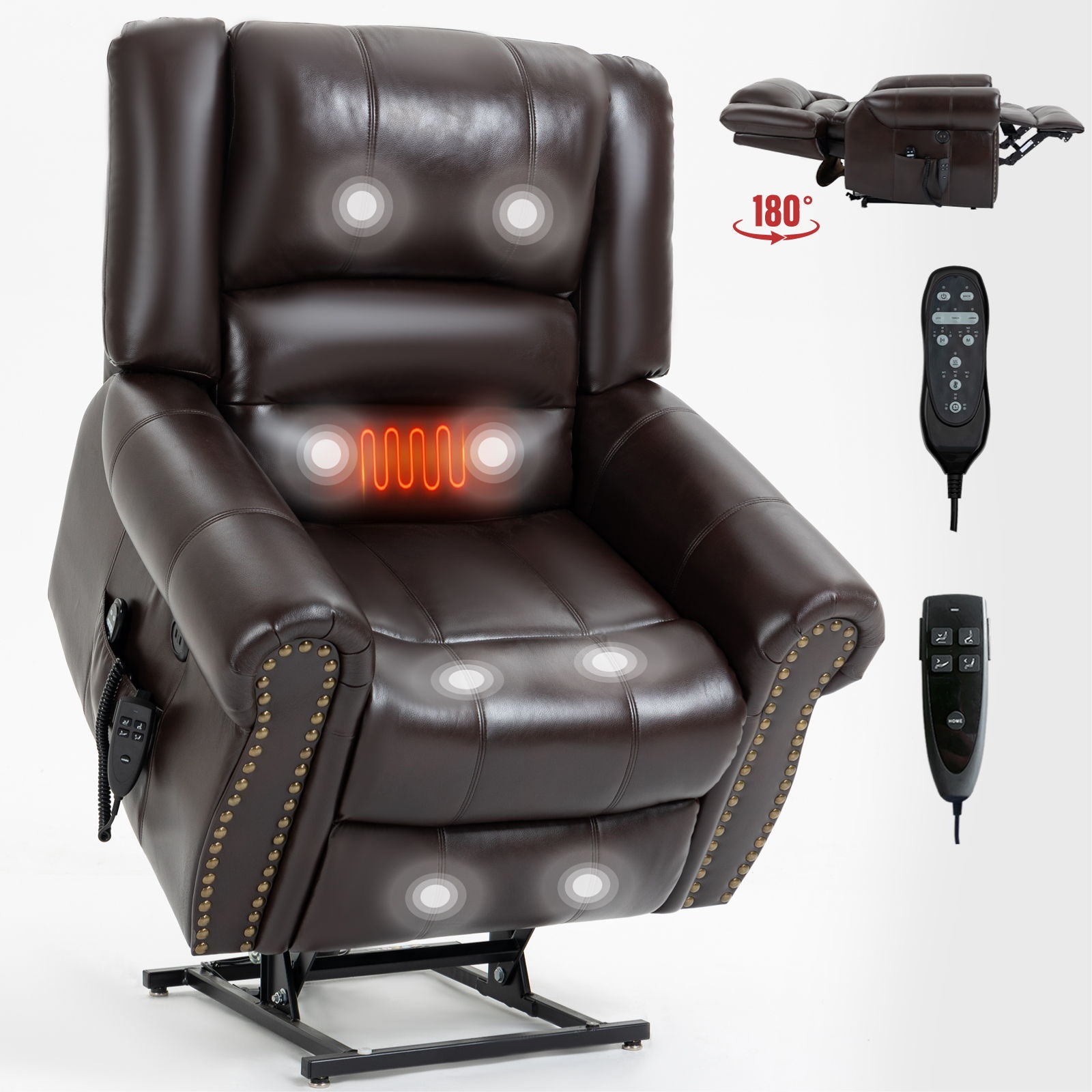 Power Lift Recliner Chair Heat Massage Dual Motor Infinite Position With USB Ports - Antique Brown