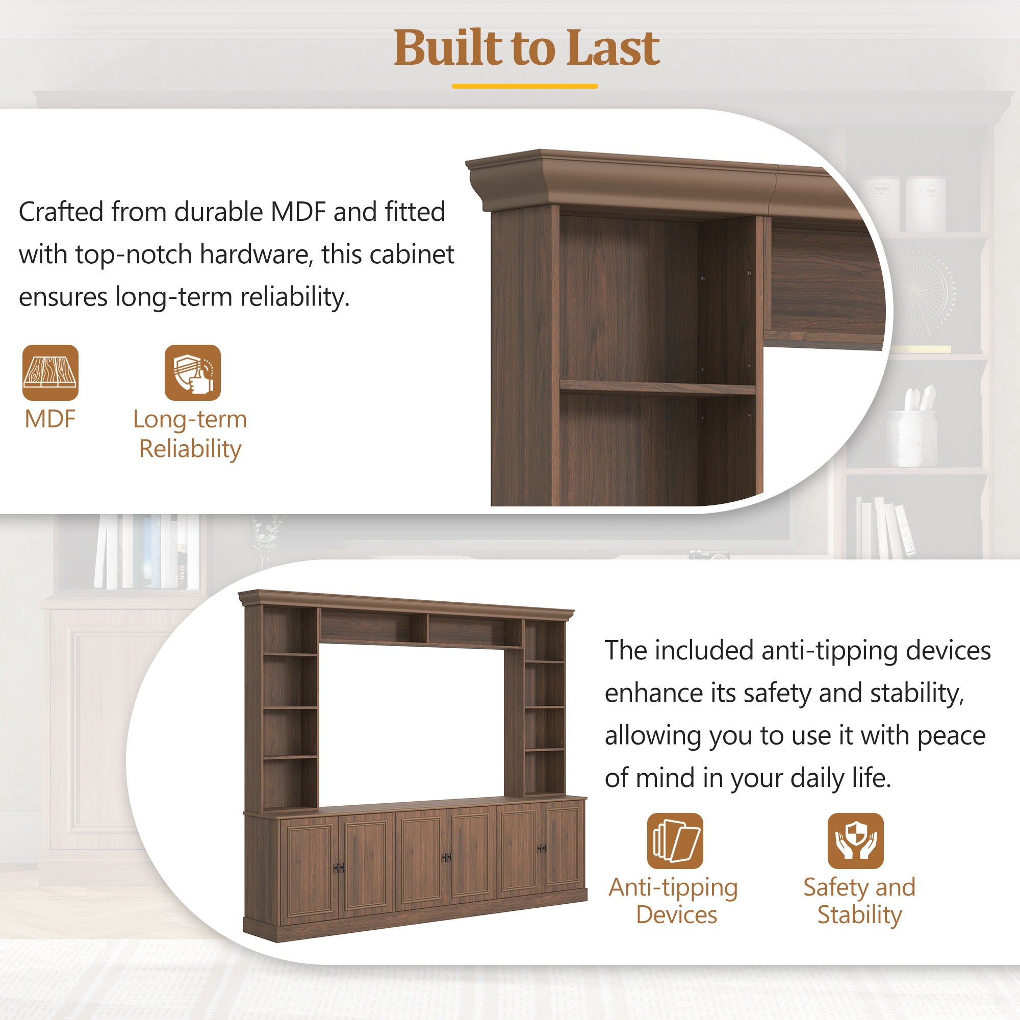 4 Piece Wall Unit Entertainment Center With Bookshelf, TV Stand With Adjustable Shelf For Living Room - Walnut