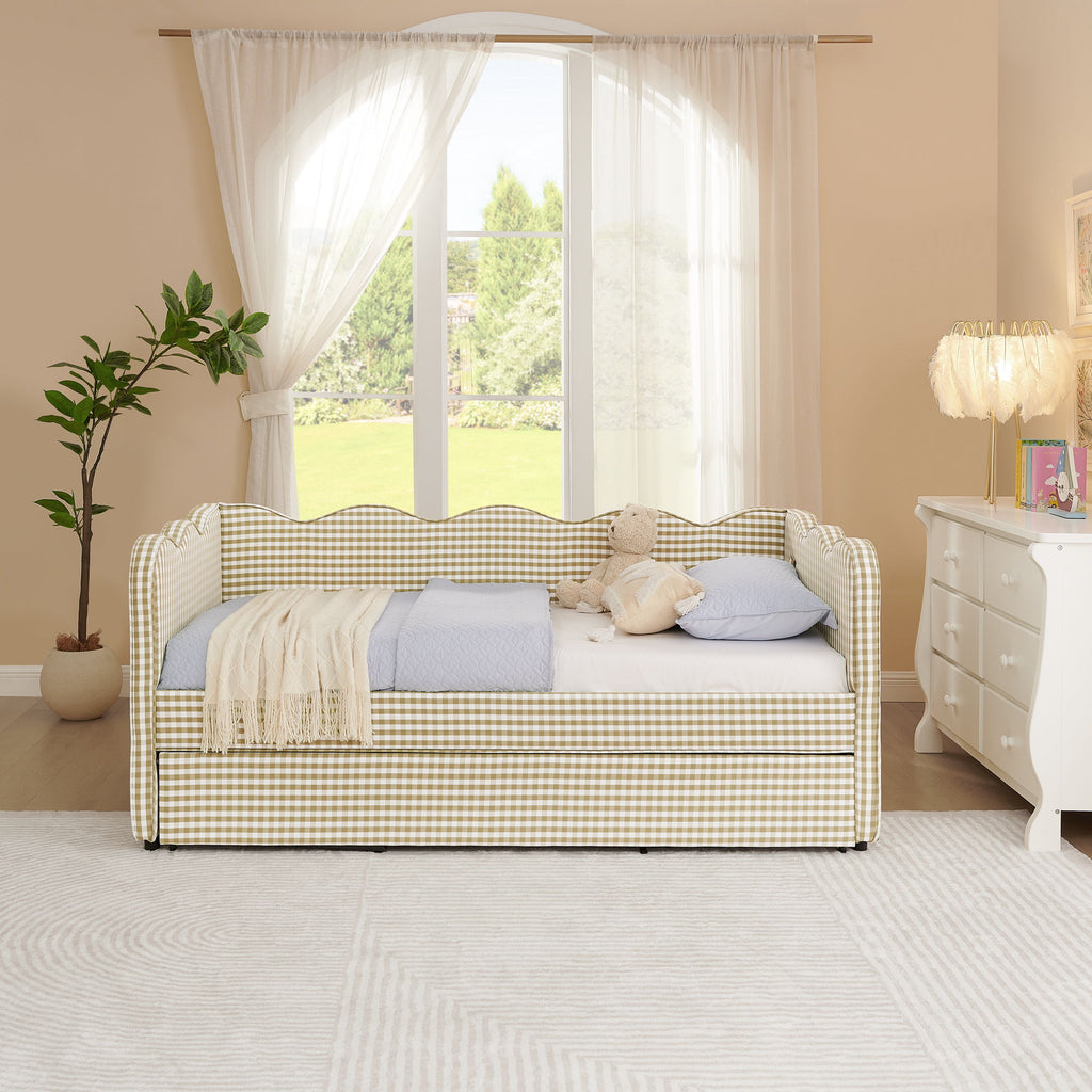 Gingham Daybed With USB Charging Port, Wave-Shaped Design