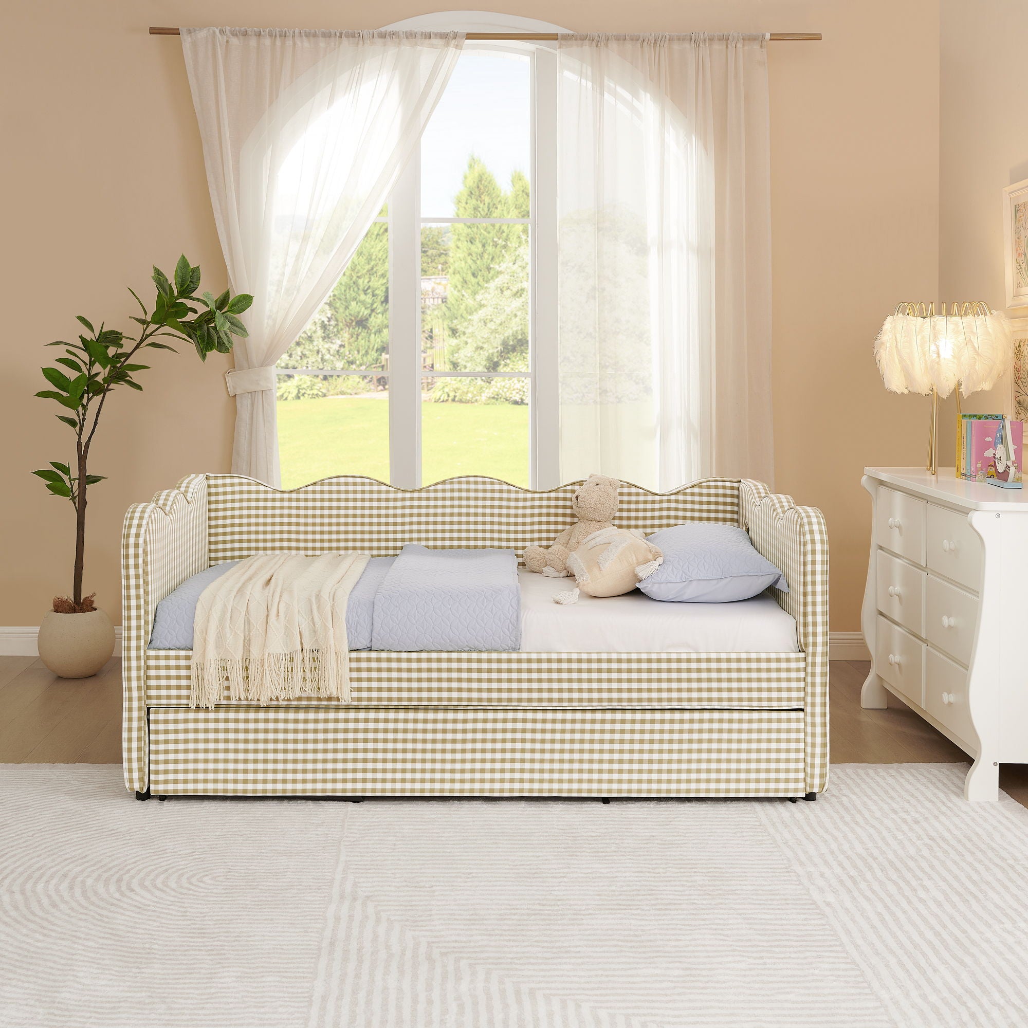 Gingham Daybed With USB Charging Port, Wave-Shaped Design