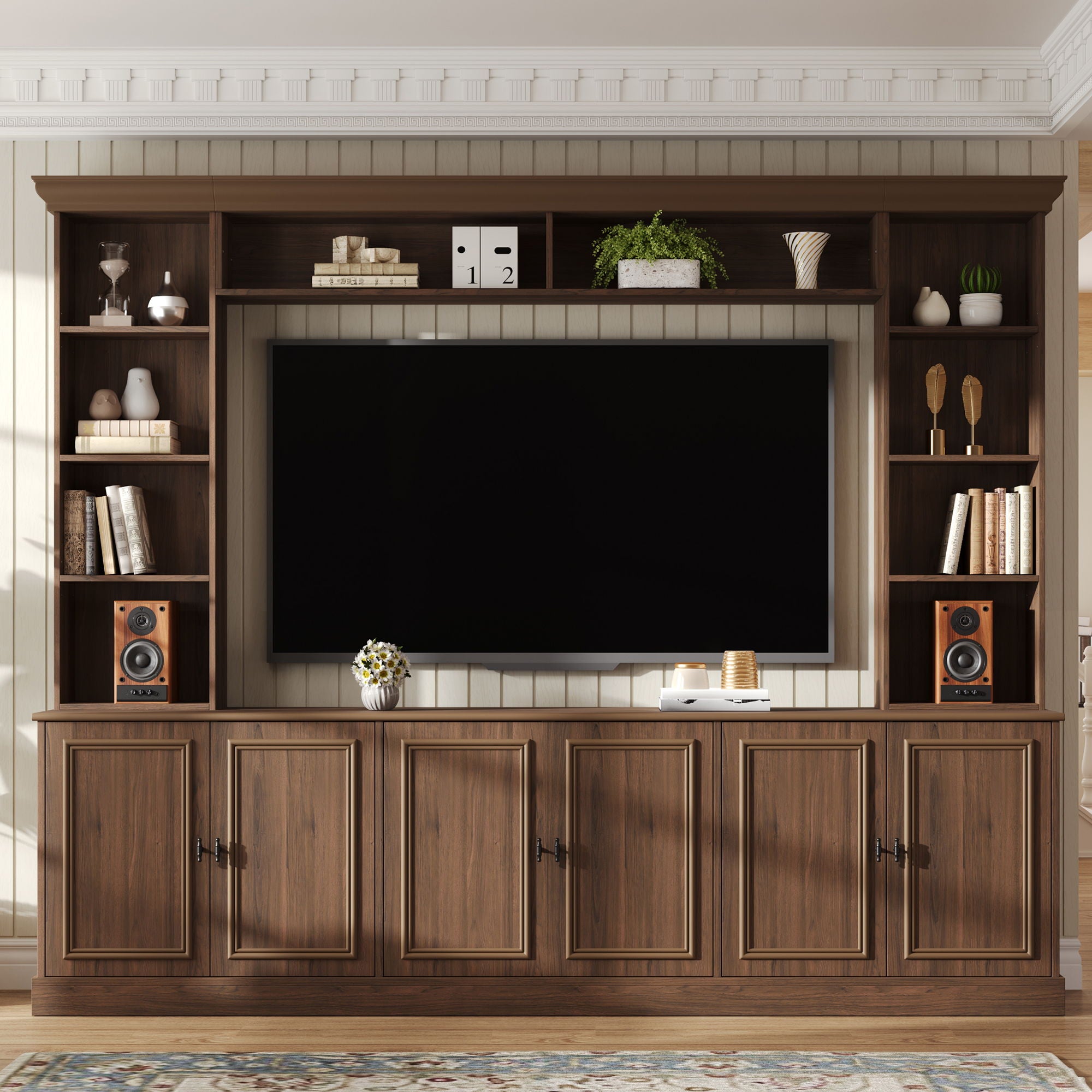 4 Piece Wall Unit Entertainment Center With Bookshelf, TV Stand With Adjustable Shelf For Living Room - Walnut