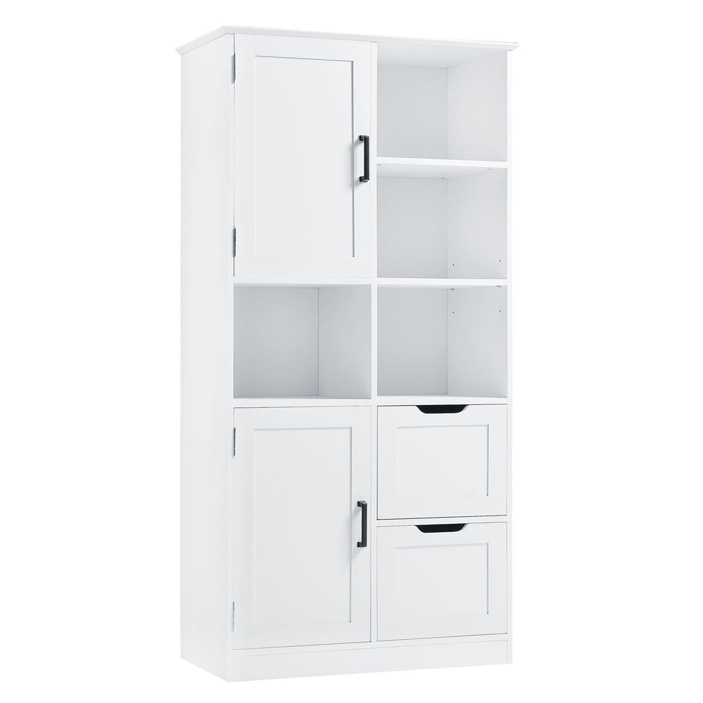 Freestanding Bathroom Storage Cabinet With Doors And Drawers, Adjustable Shelf, Open Shelves - White