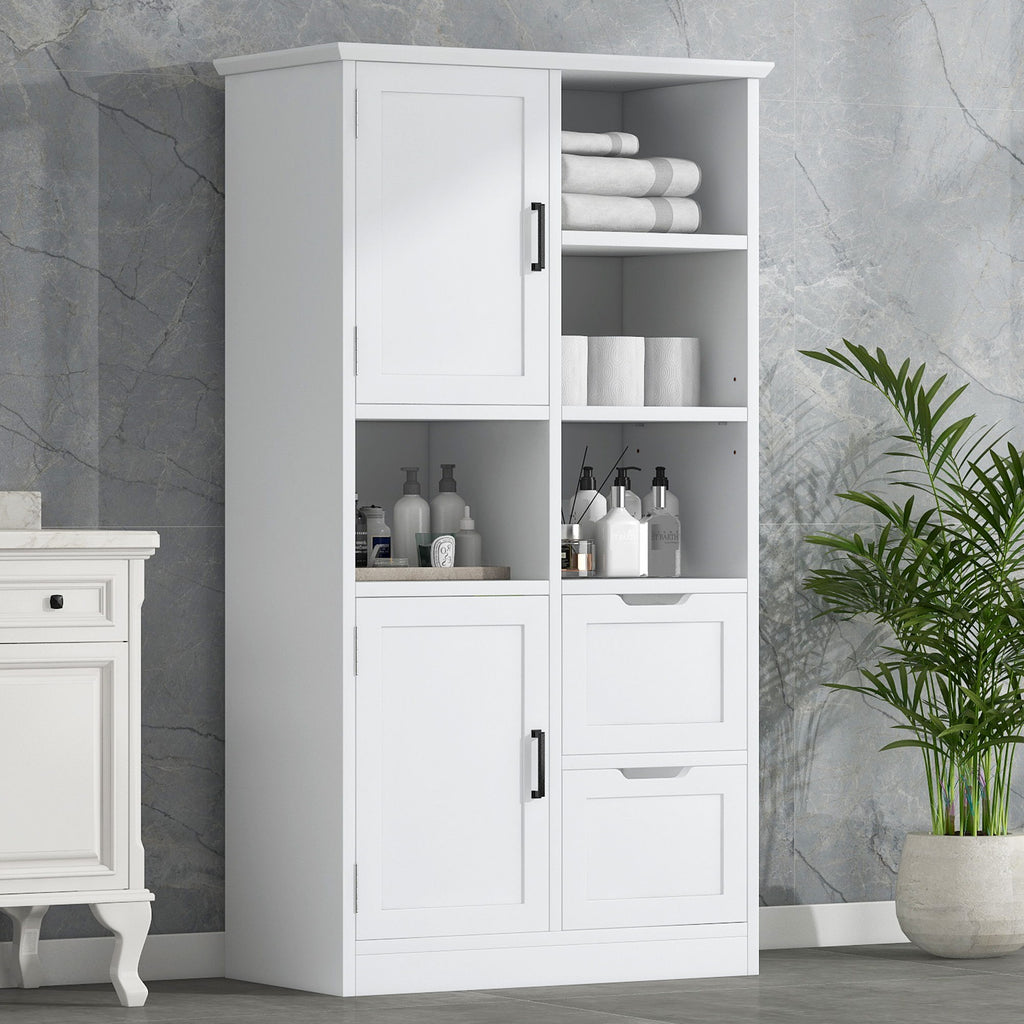 Freestanding Bathroom Storage Cabinet With Doors And Drawers, Adjustable Shelf, Open Shelves - White