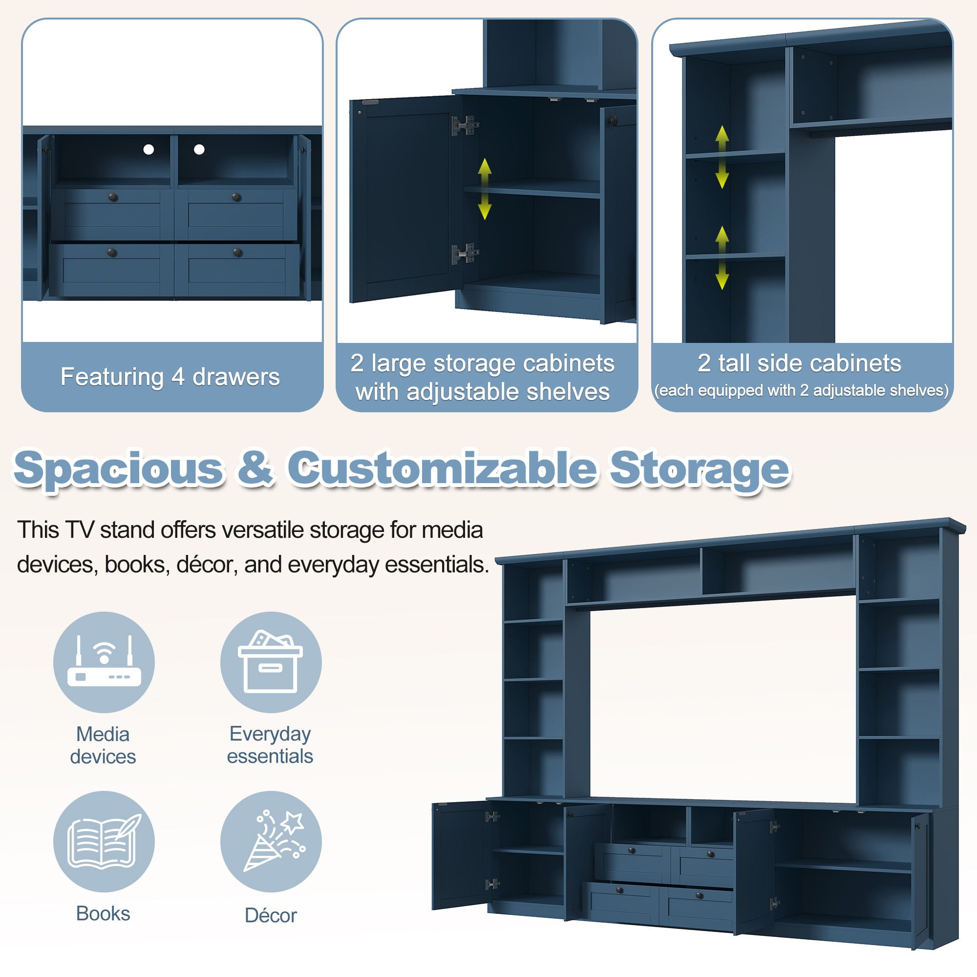 Farmhouse Elegant Entertainment Center Wall Unit With 4 Drawers