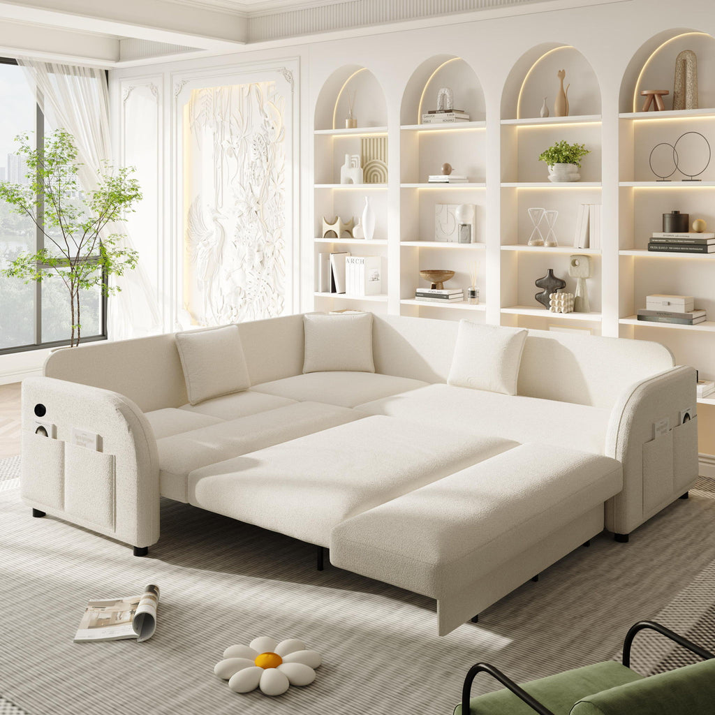 L-Shaped Couch With Pull-Out Bed, Oversize Convertible Sleeper Sofa With Side Pocket & USB Port