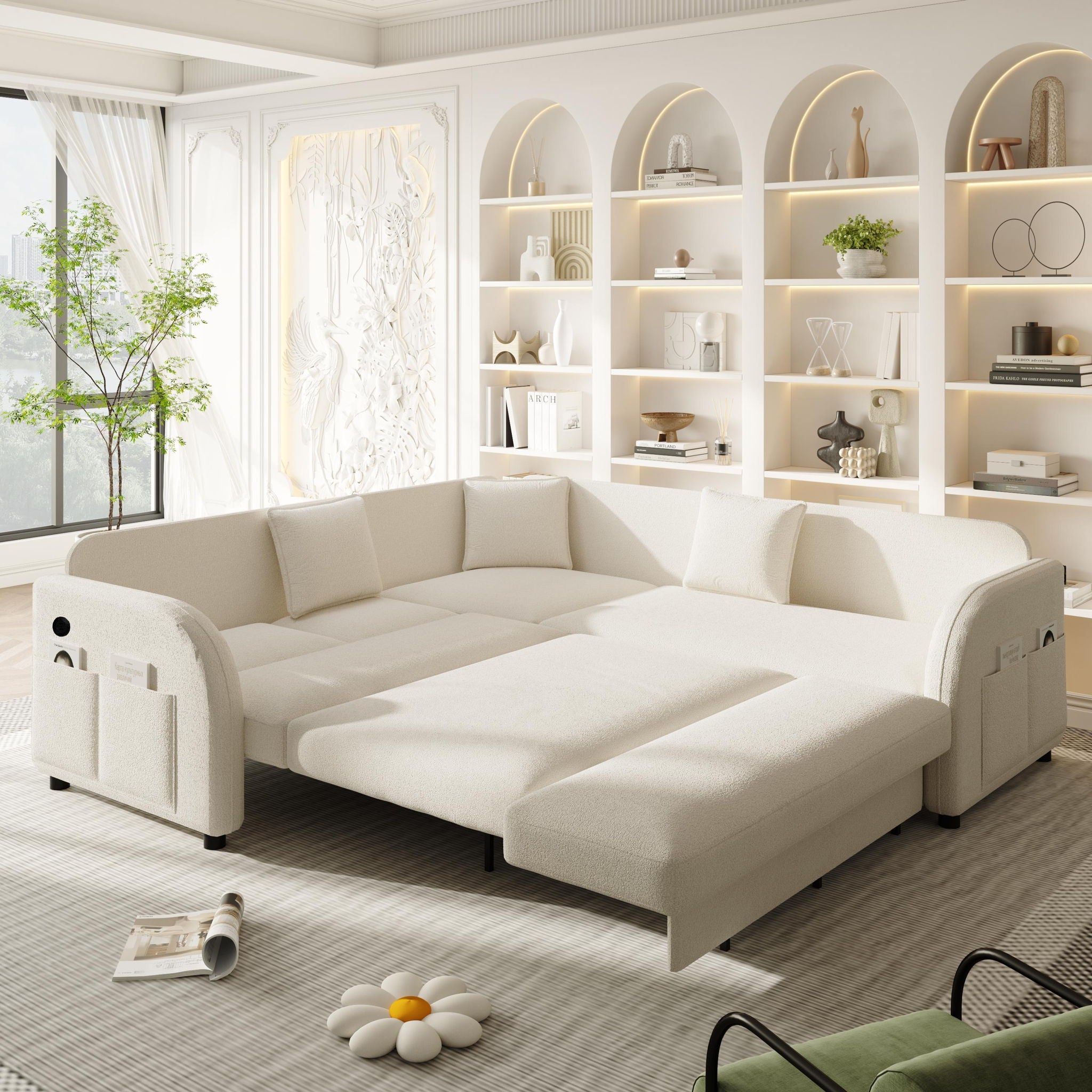 L-Shaped Couch With Pull-Out Bed, Oversize Convertible Sleeper Sofa With Side Pocket & USB Port