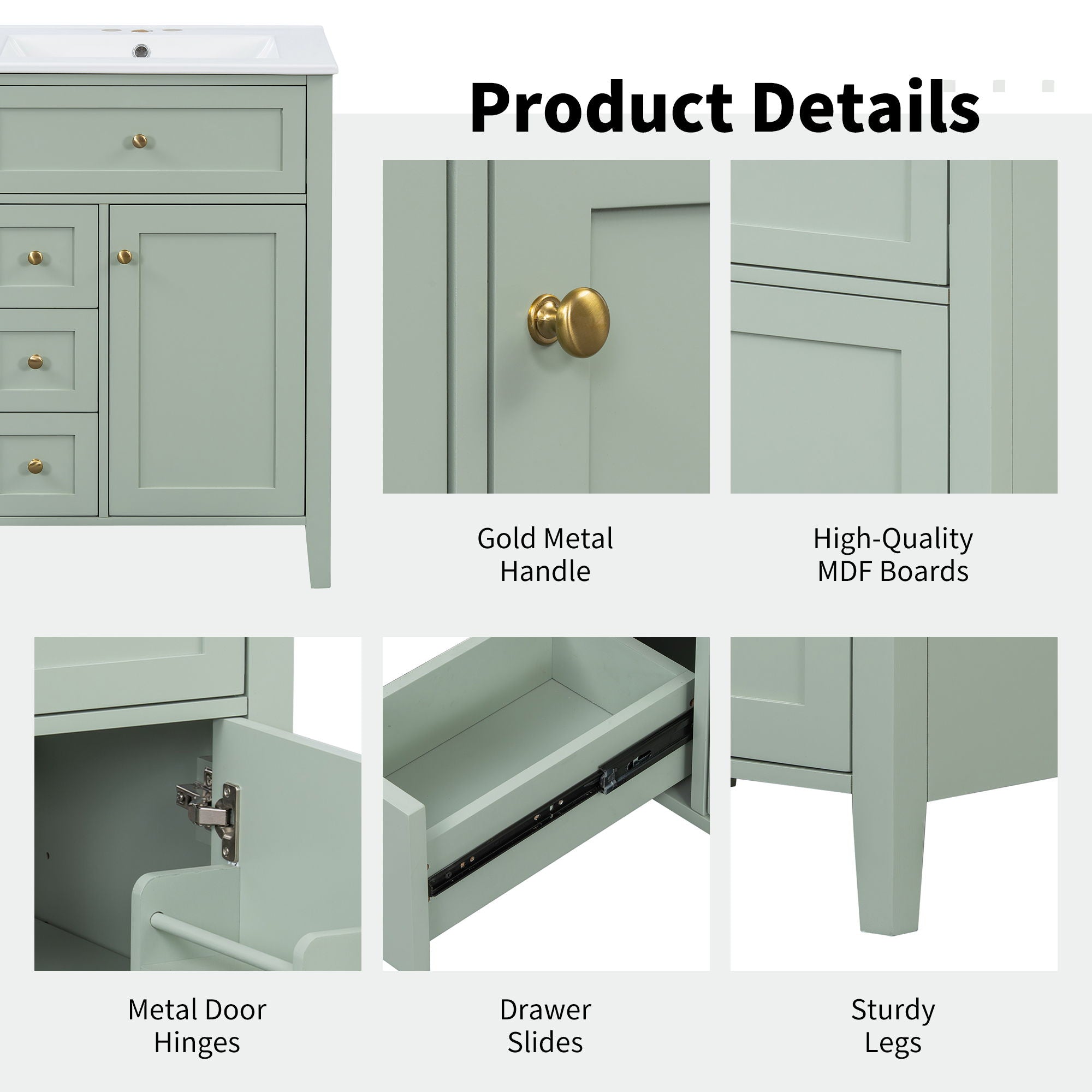 Bathroom Vanity With Sink, 3 Drawers & Cabinet With Adjustable Shelves