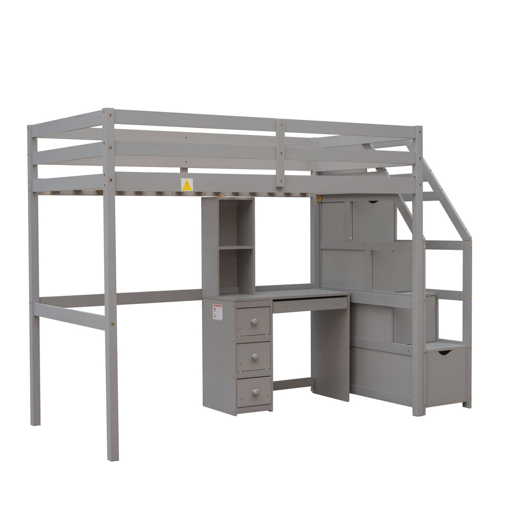 Loft Bed With Stand Alone Bed, Storage Staircase, Desk, Shelves, And Drawers
