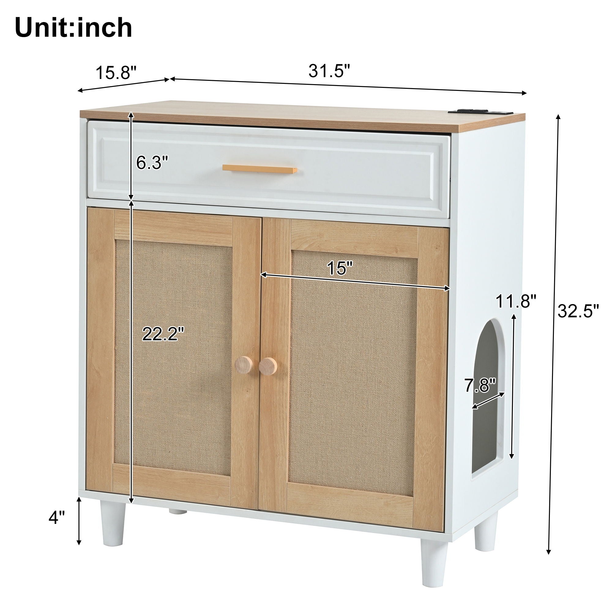 Pet Friendly Furniture Style Cat Litter Box House With Sisal Scratching Door And Charging Socket - Beige / White