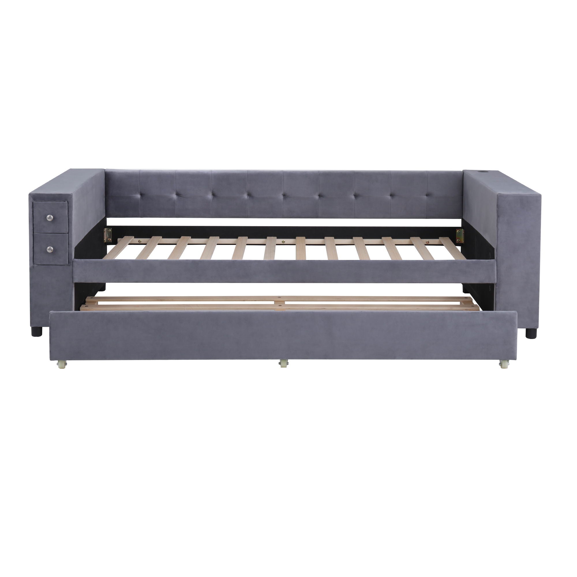Upholstered Bed With Storage And Twin Trundle, USB Charging Ports