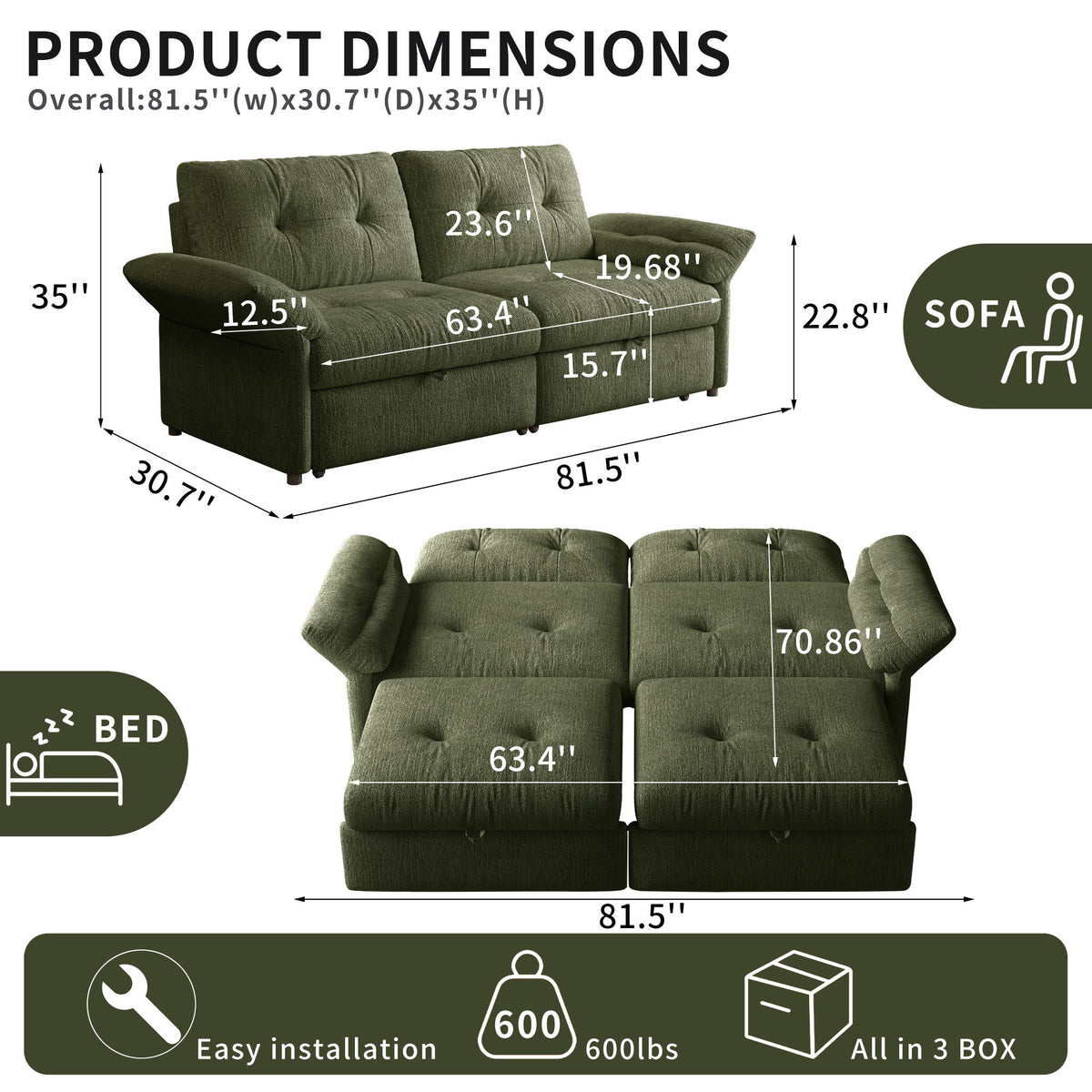 Sofa Bed, 2 In 1 Design For Living Rooms