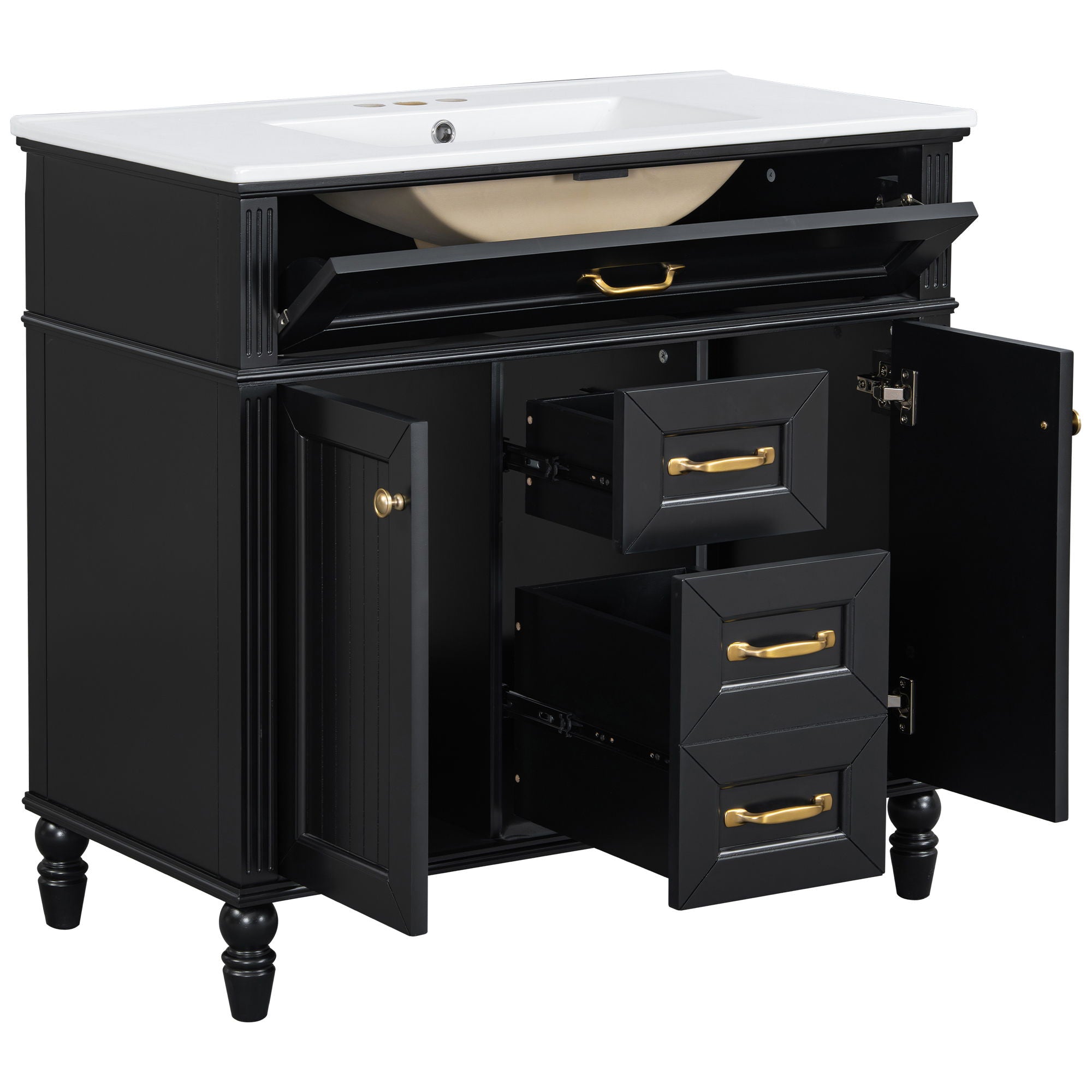 Bathroom Vanity With Sink, Flip-Out Top Drawer, Soft Close Doors, 2 Storage Drawers