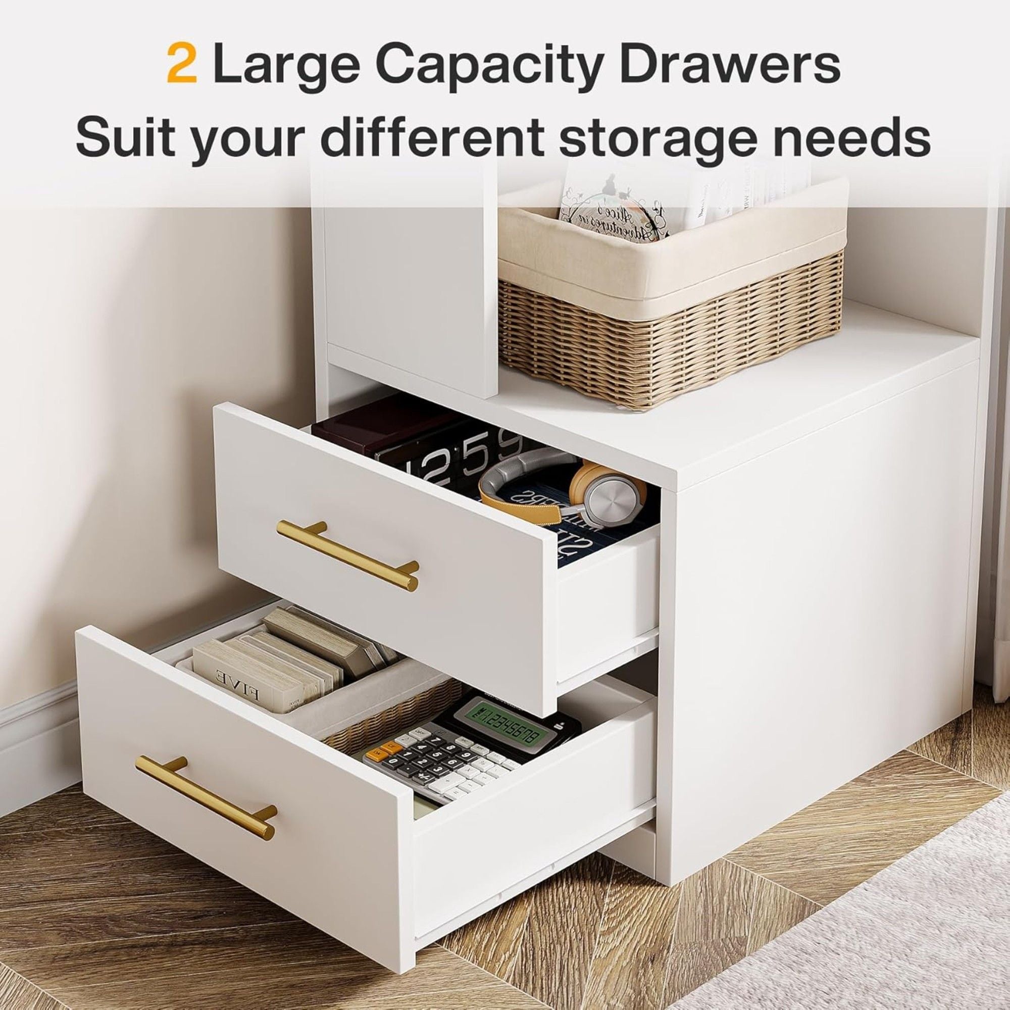 Corner Bookshelf With 2 Drawers, 5 Tier Bookcase For Apartment - White