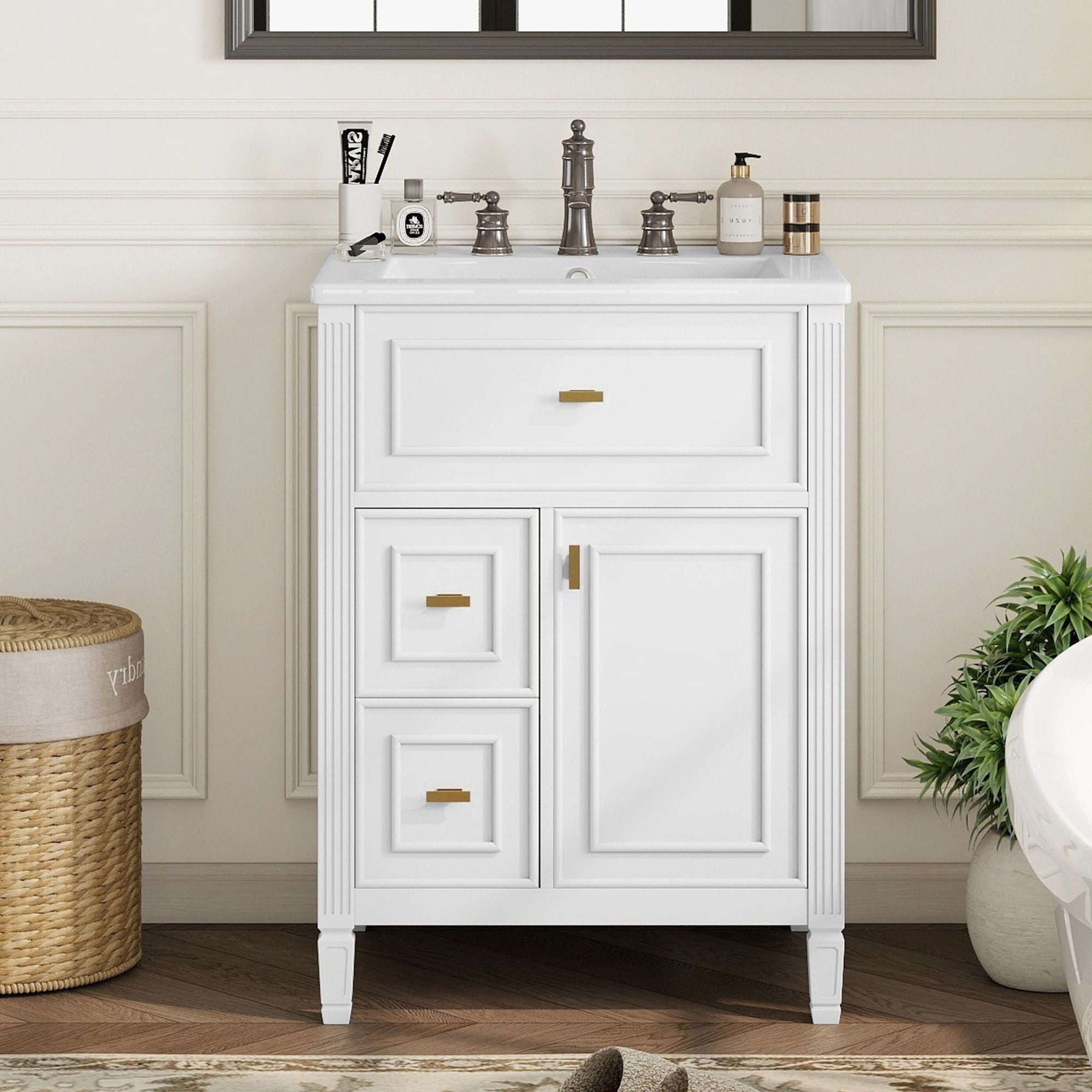 Bathroom Vanity With Sink, Flip Drawer, 2 Drawers, Adjustable Shelf
