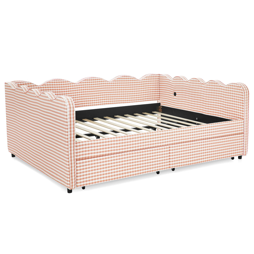 Queen Size Gingham Daybed With 2 Storage Drawers, USB Port, Wave-Shaped Design - Pink