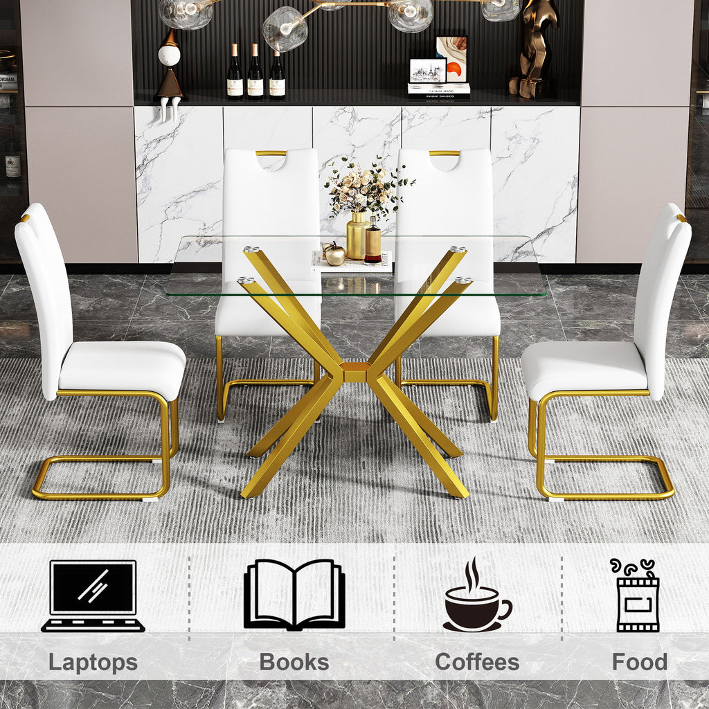 Rectangular Clear Tempered Glass Dining Table, Stylish Design With Plated Metal Legs