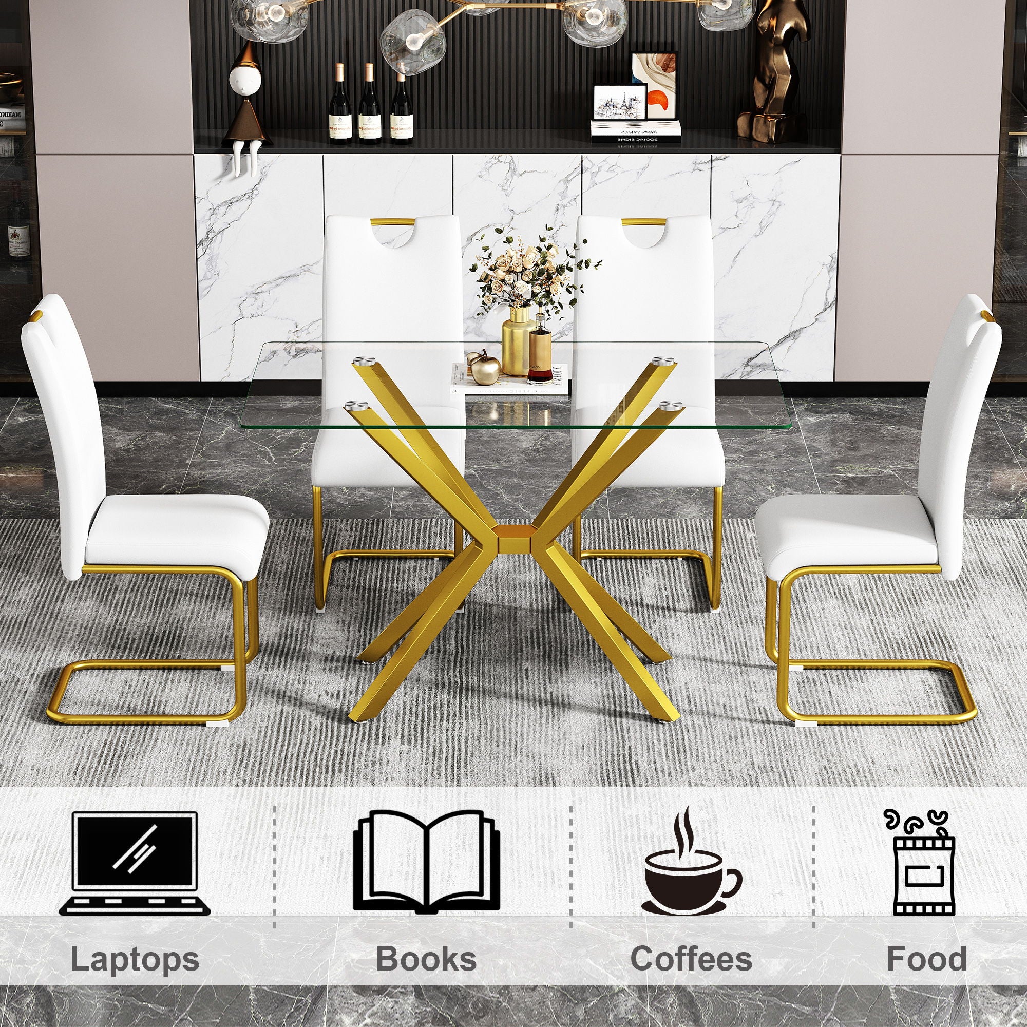 Rectangular Clear Tempered Glass Dining Table, Stylish Design With Plated Metal Legs