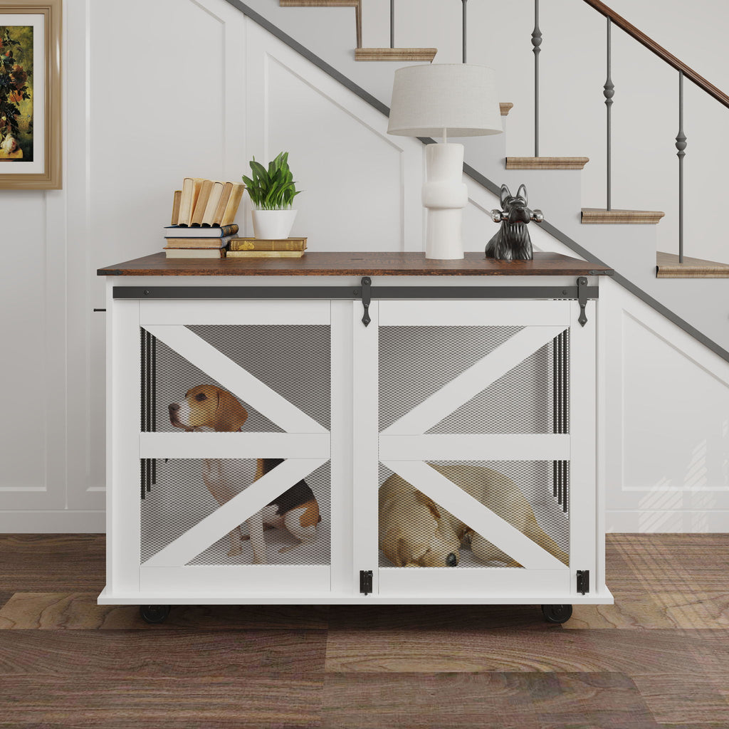 Mobile Dog Crate With Flip Top Feeding Door, Dual Access & 5 Caster System (2 Locking) - Brown White