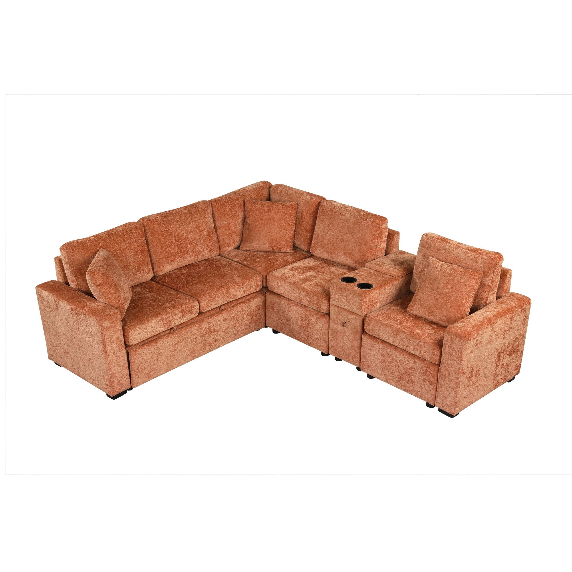 Modular L-Shaped Sectional Sofa Bed With Pull-Out Sleeper, Cup Holders, And Storage