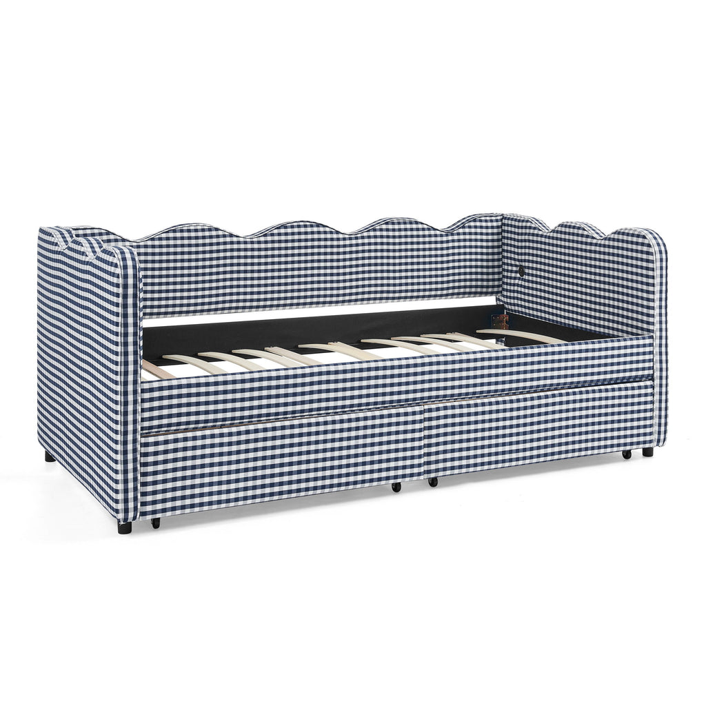 Gingham Daybed With USB Charging Port, Wave-Shaped Design
