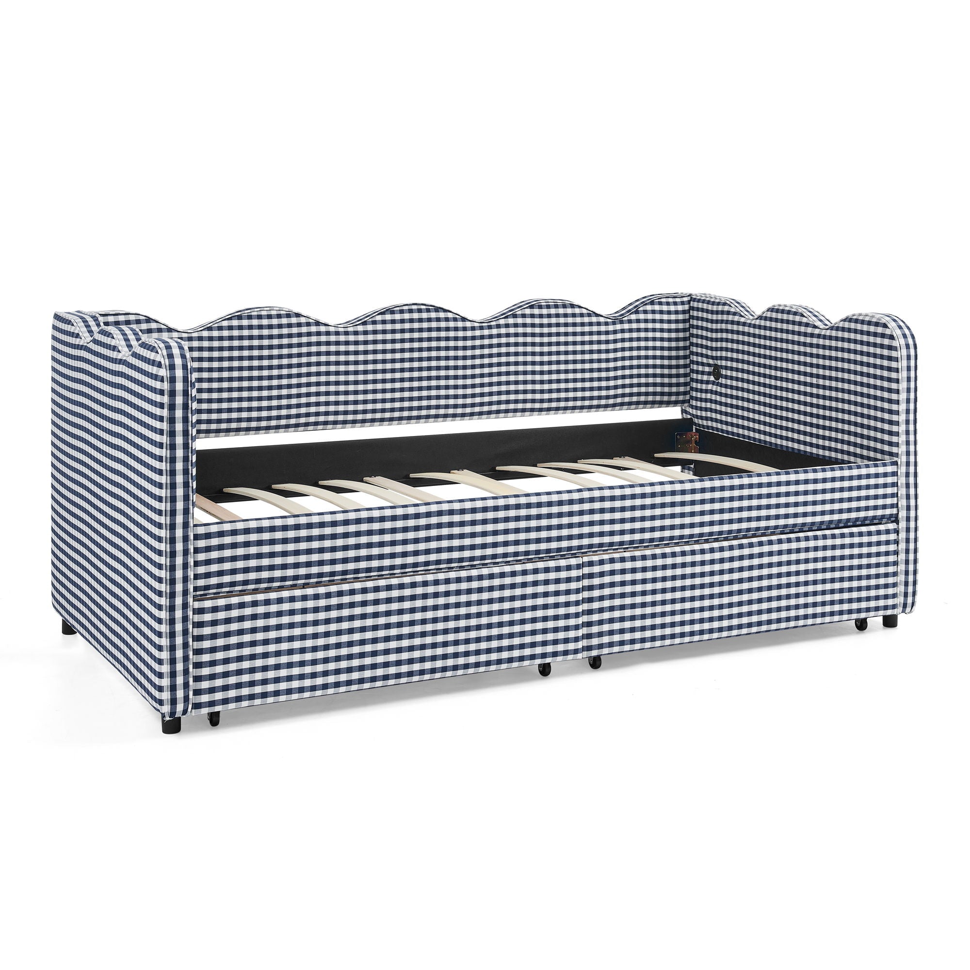 Gingham Daybed With USB Charging Port, Wave-Shaped Design