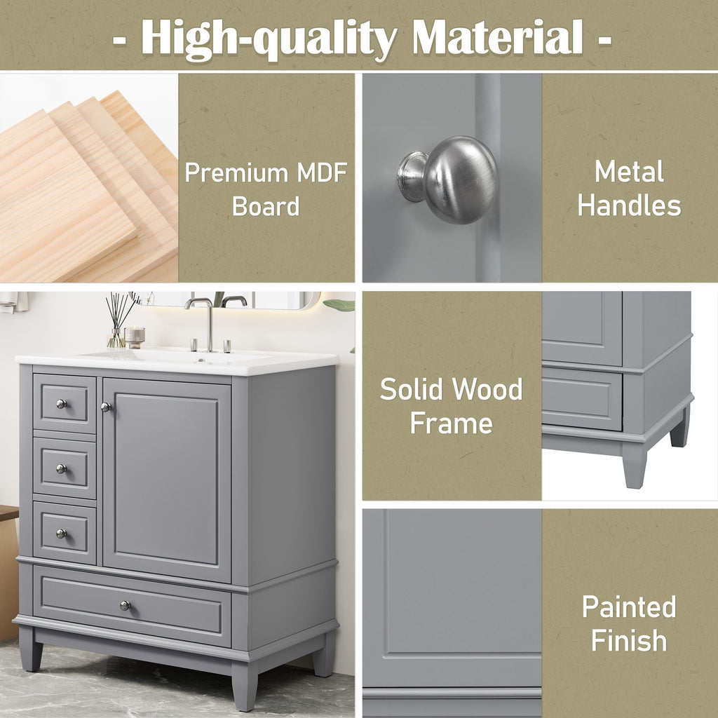 Freestanding Bathroom Vanity With Sink, Soft Close Door, 3 Drawers