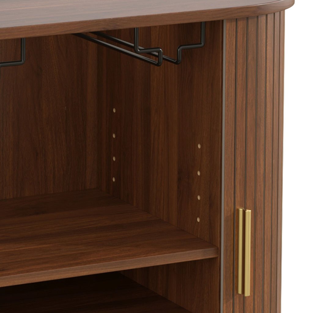 Fluted Wine Bar Cabinet With 8 Grid Wine Rack, 5 Level Adjustable Shelves, 2 Glass Holders