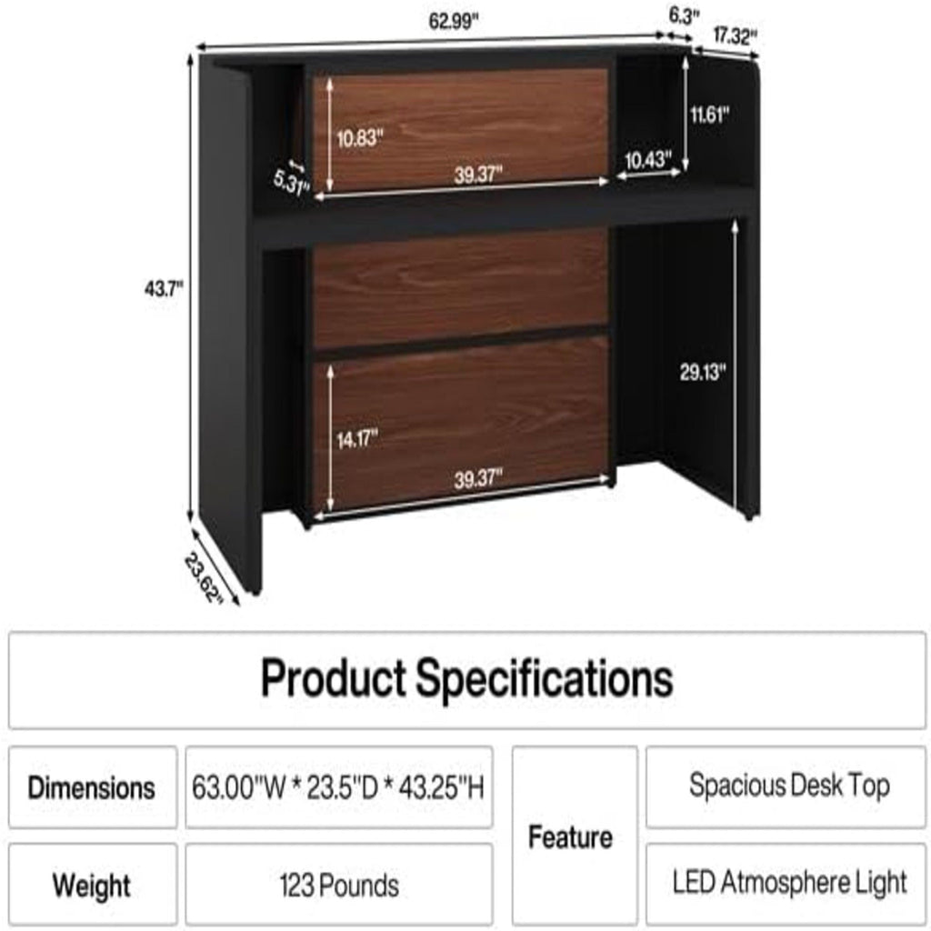 Reception Desk With LED Lights For Office - Black