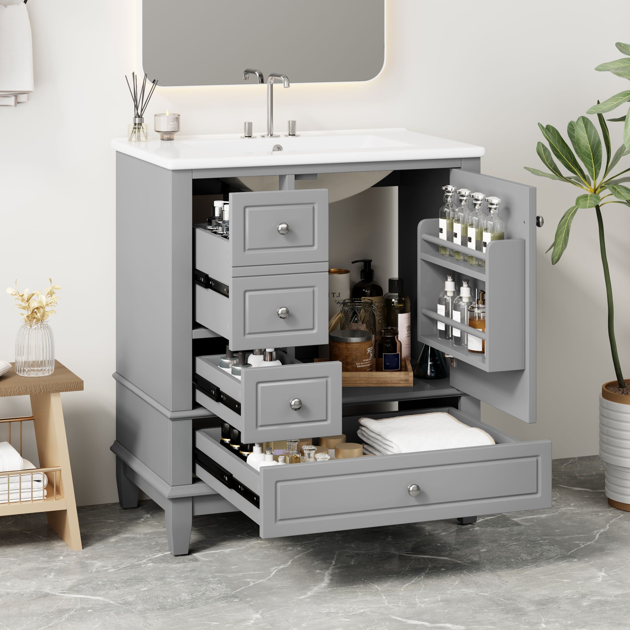 Freestanding Bathroom Vanity With Sink, Soft Close Door, 3 Drawers