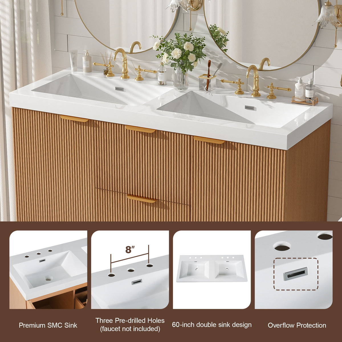 Double Sink Bathroom Vanity, Cabinet, Soft Close Doors, Divided Drawers, Wall Mounted Storage - Wood