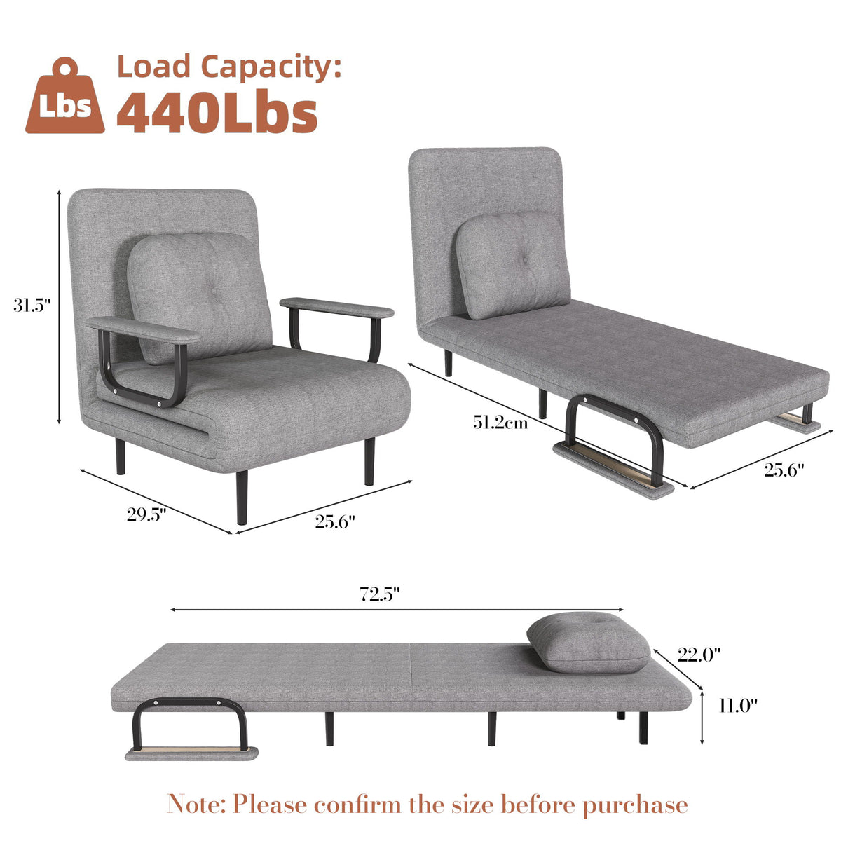 3 In 1 Convertible Folding Sofa Bed With Adjustable Backrest And Pillow