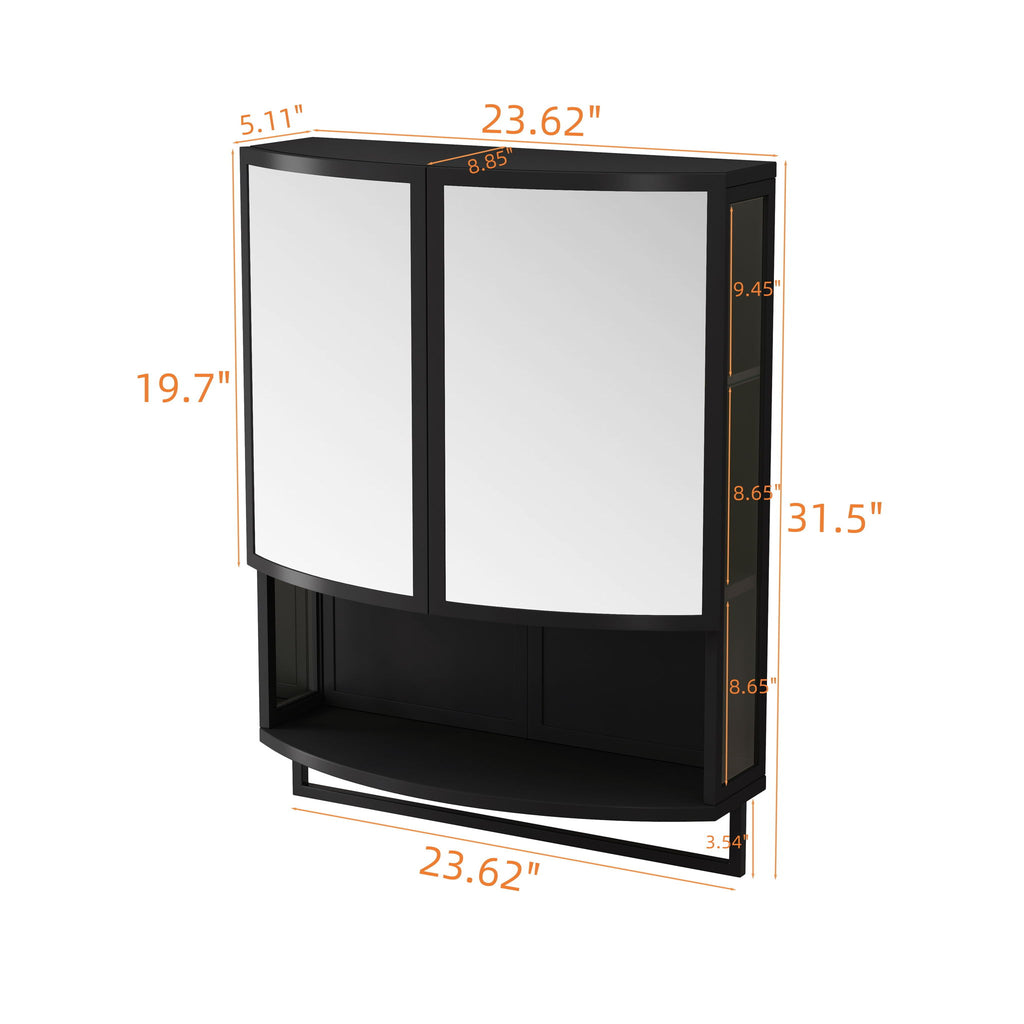 Arched Glass Double Door Wardrobe With Shatterproof Mirror, Open Shelf & Towel Rack