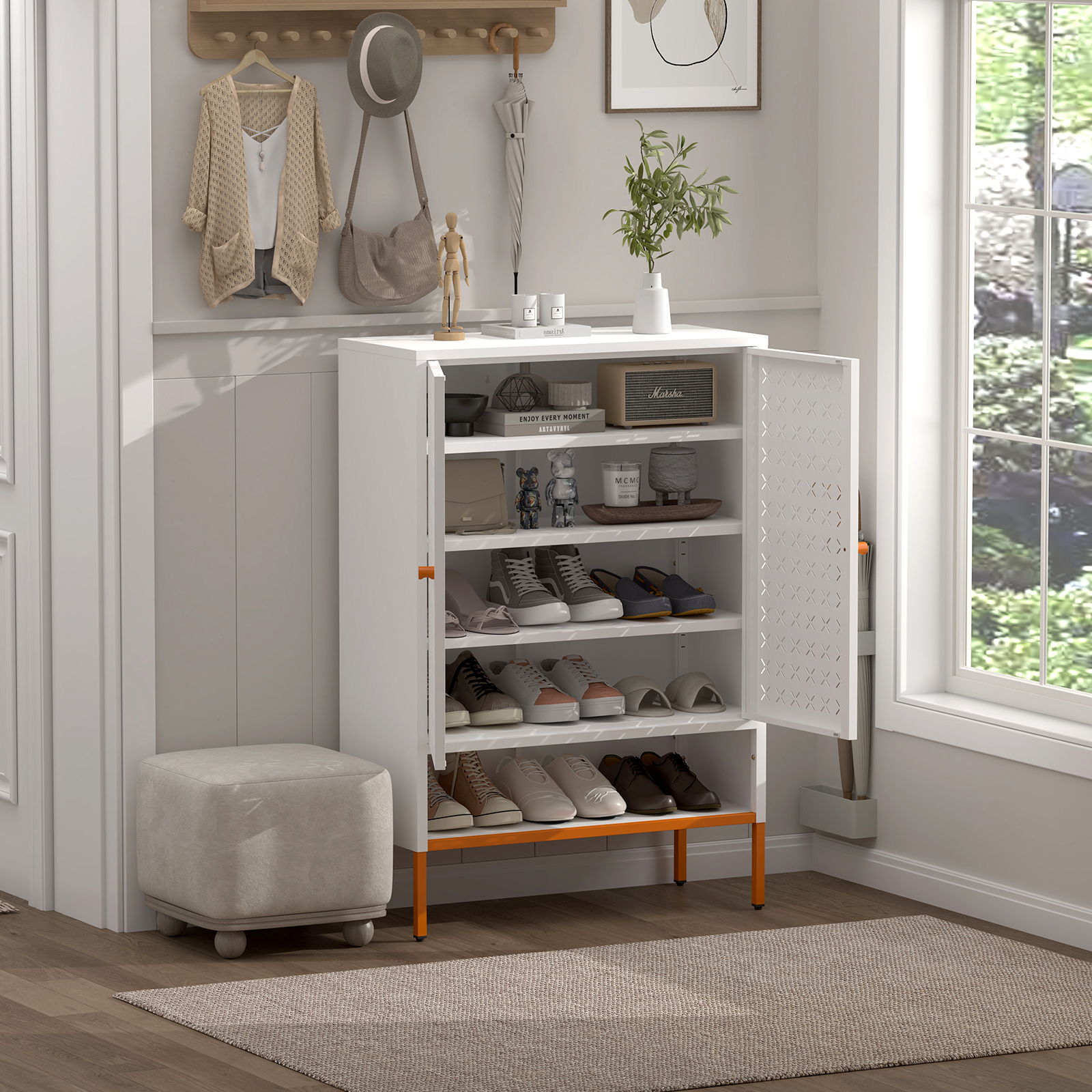 Grid Double Door Shoe Cabinet With Adjustable Compartments And Moisture-Proof Design In Metal