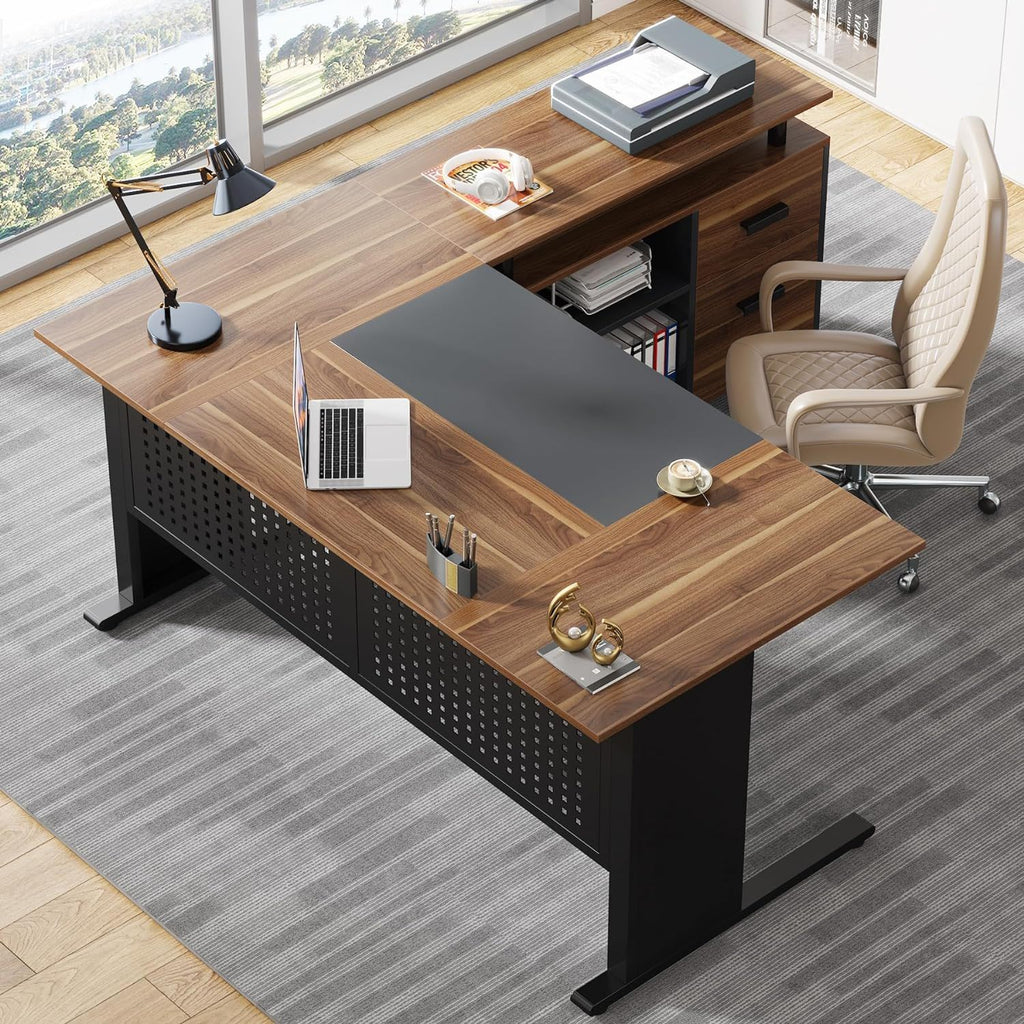 L-Shaped Executive Desk With File Cabinet, Office Workstation With Drawers, Shelves & Storage