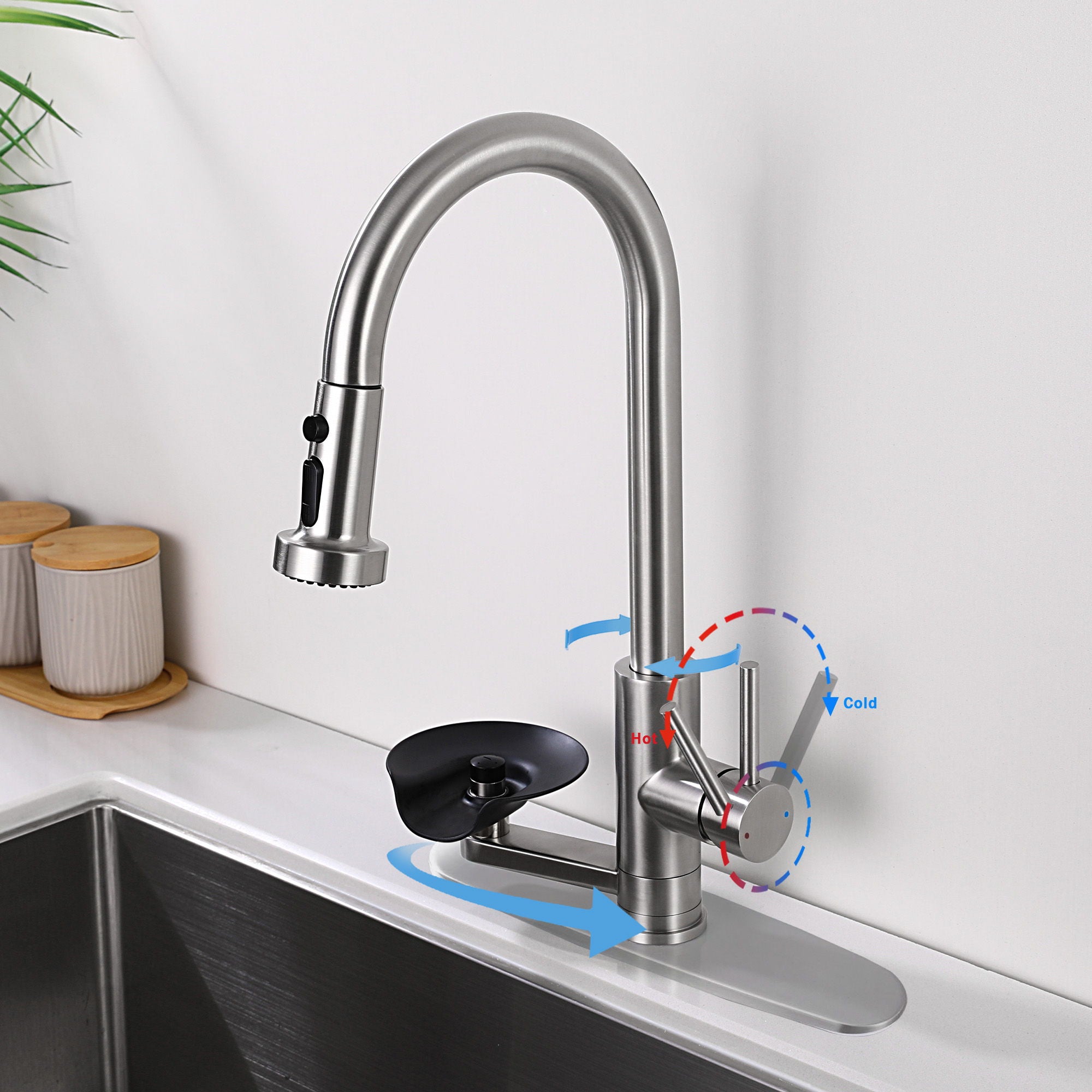 3 In 1 Kitchen Faucet With Press Type Glass Rinser, High Arc Pull Down Sprayer