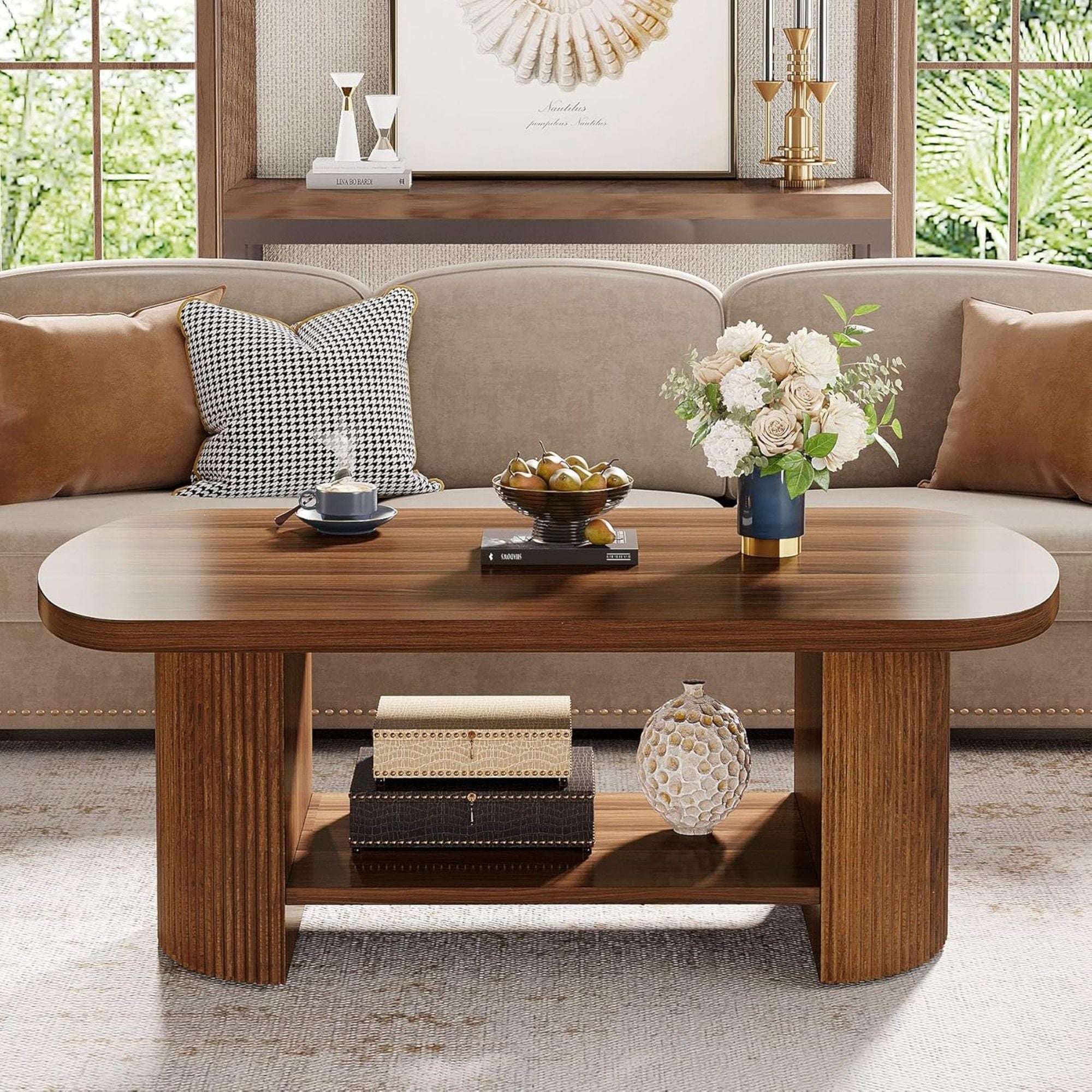 2 Tier Oval Coffee Table With Storage Shelf For Living Room - Rustic Brown